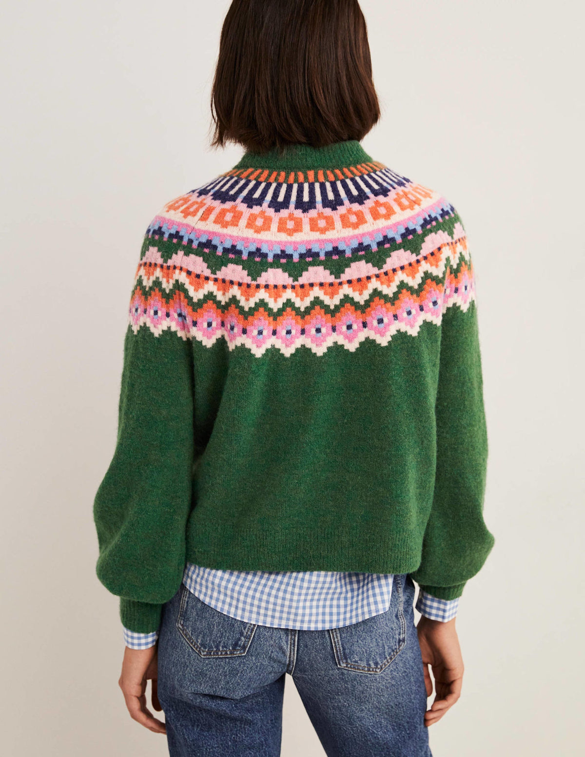 Blouson Sleeve Fluffy Jumper-Hunter Green, Fair Isle - Image 3