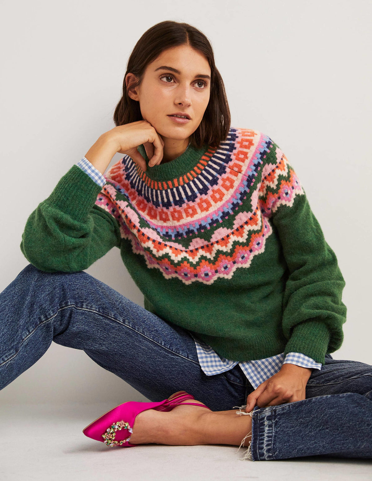 Blouson Sleeve Fluffy Jumper-Hunter Green, Fair Isle-4