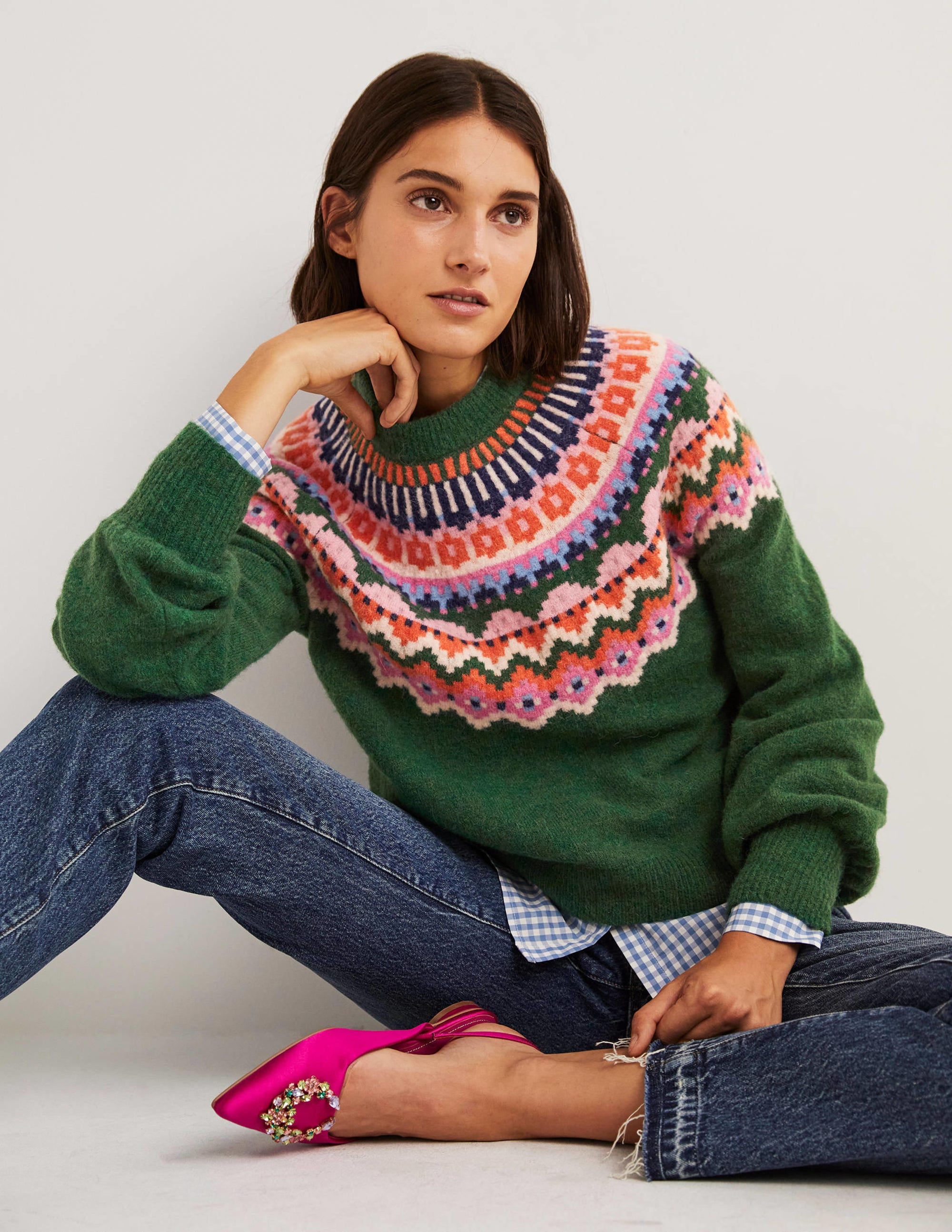 Blouson Sleeve Fluffy Jumper-Hunter Green, Fair Isle - Image 4