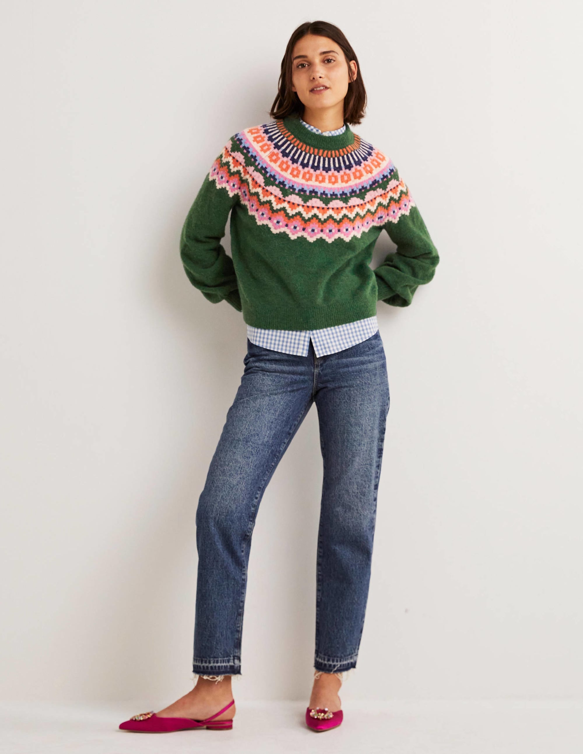 Blouson Sleeve Fluffy Jumper-Hunter Green, Fair Isle - Image 5