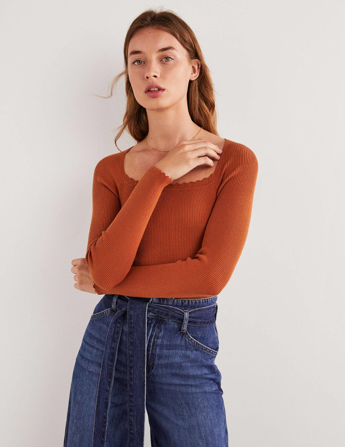 Ribbed Square Neck Knitted Top-Rust-1