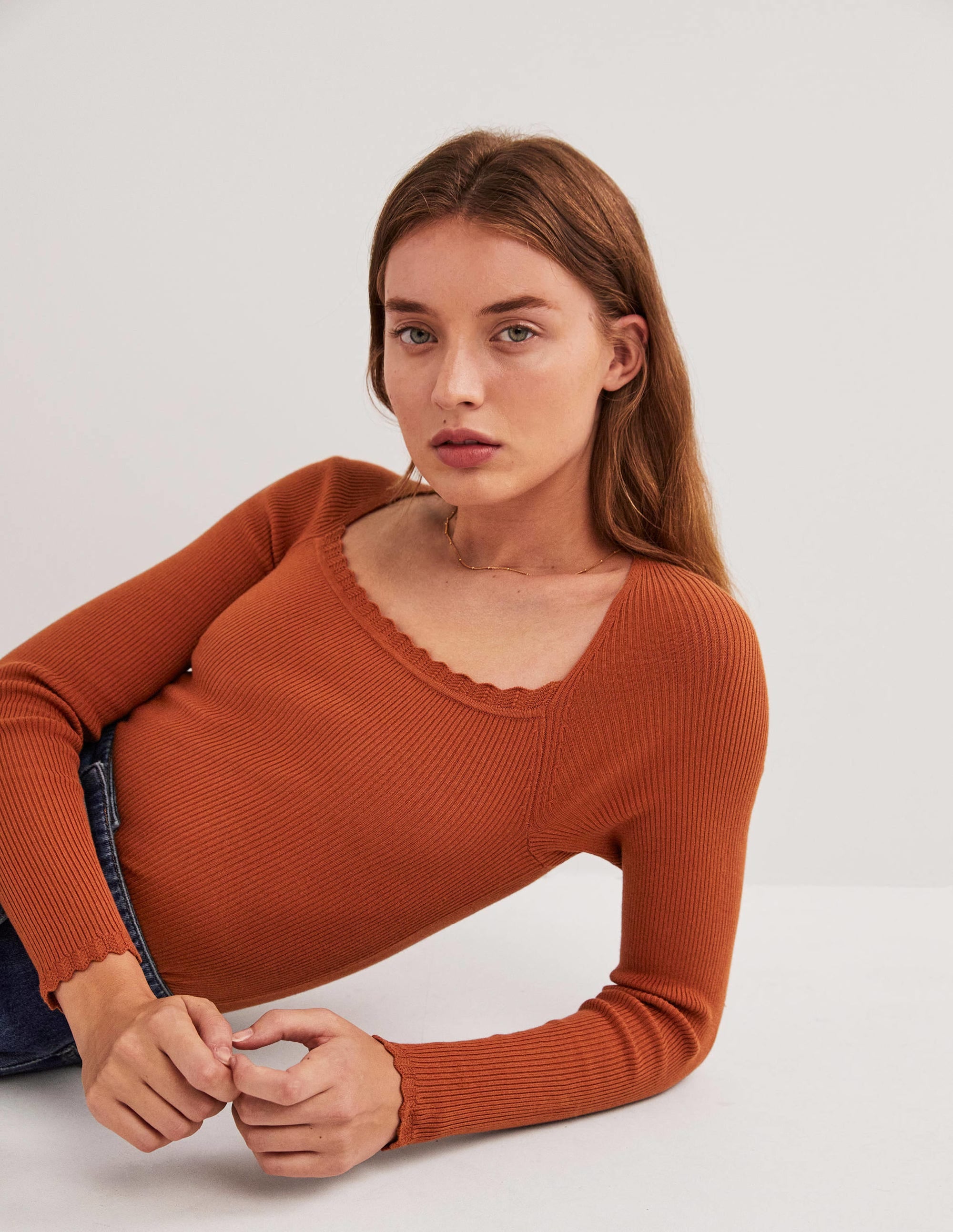 Ribbed Square Neck Knitted Top-Rust - Image 4