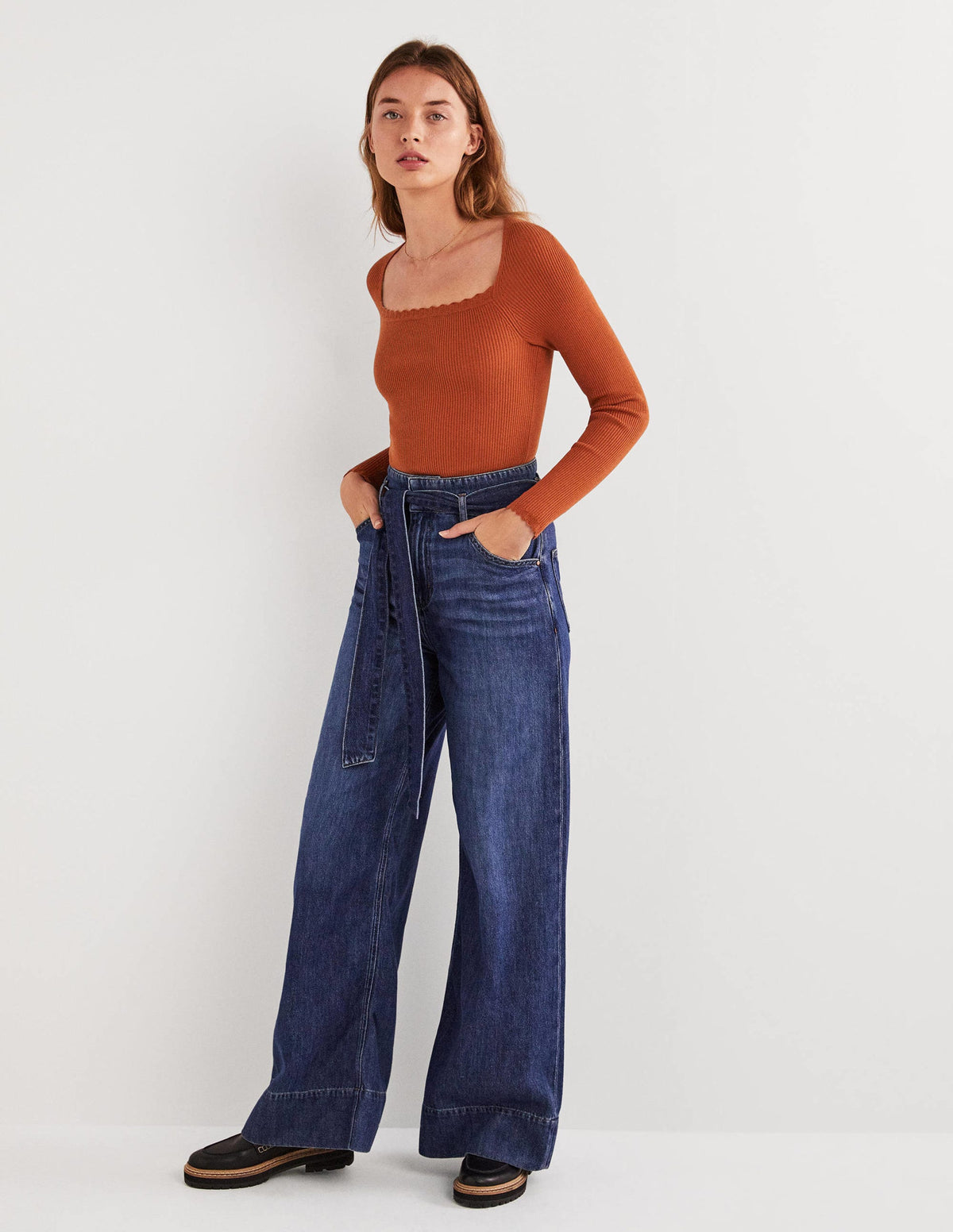 Ribbed Square Neck Knitted Top-Rust-5