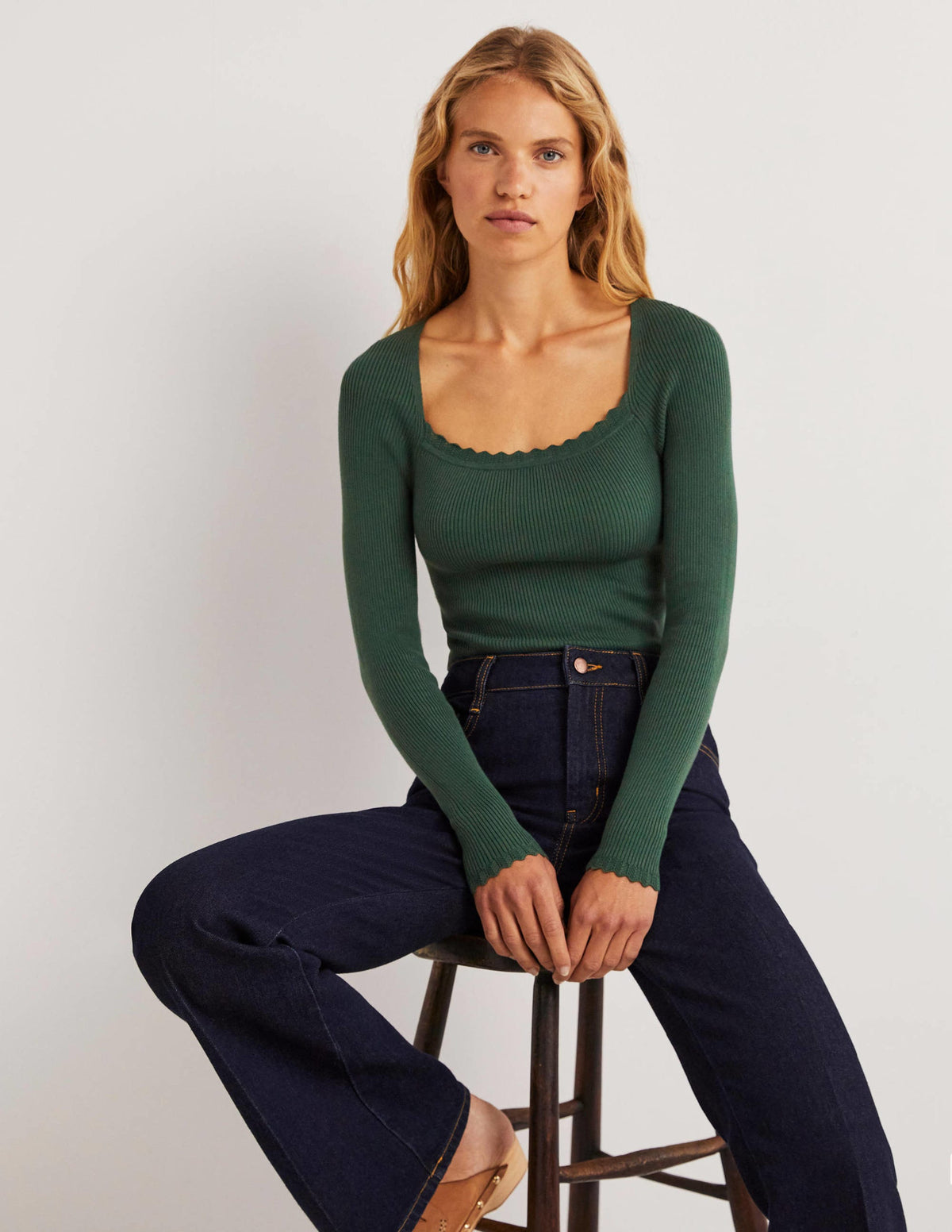 Ribbed Square Neck Knitted Top-Trekking Green - Image 1