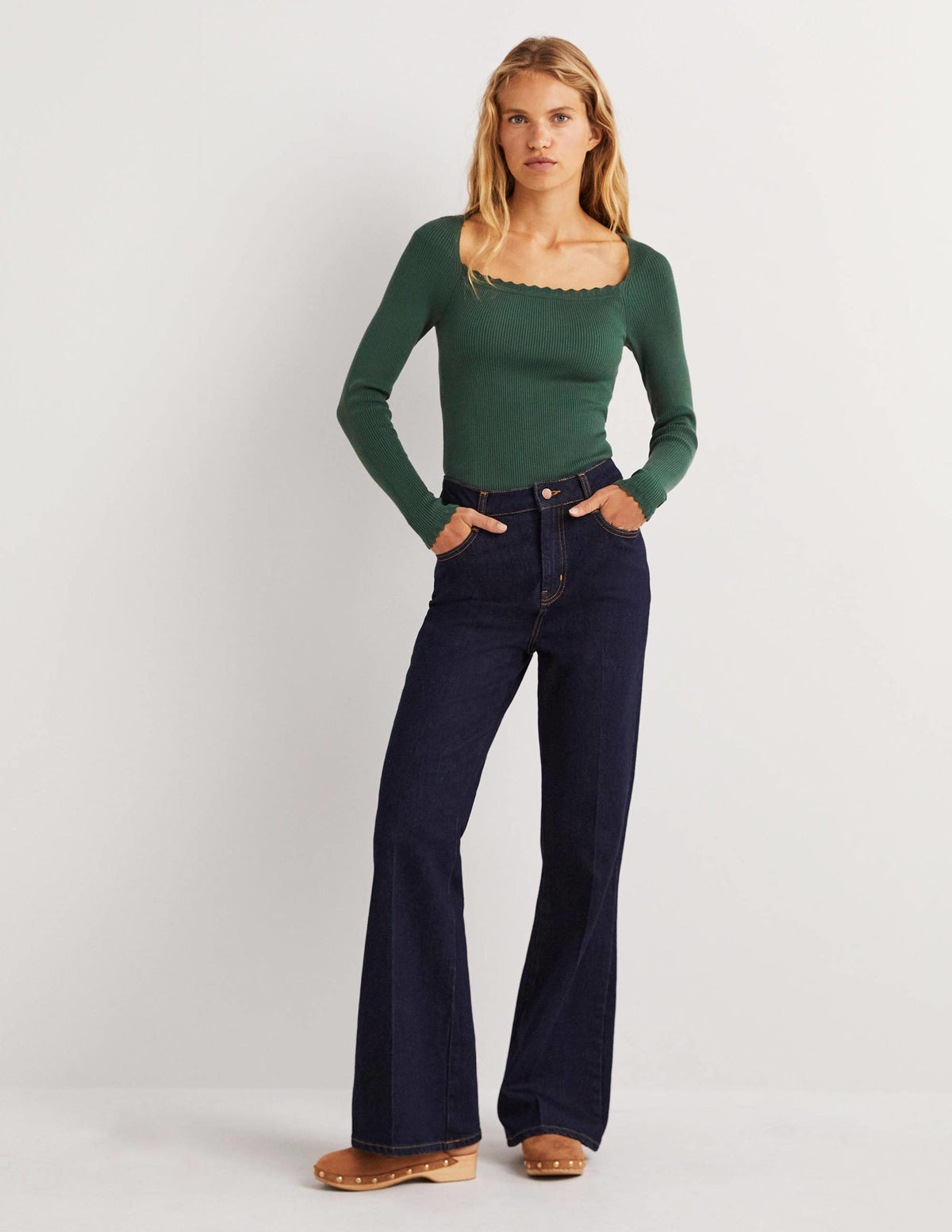 Ribbed Square Neck Knitted Top-Trekking Green-4