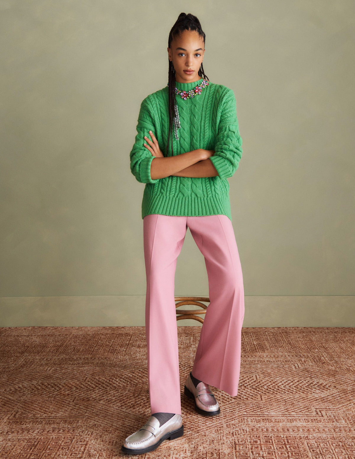 Cable Knit Jumper-Iguana Green - Image 5
