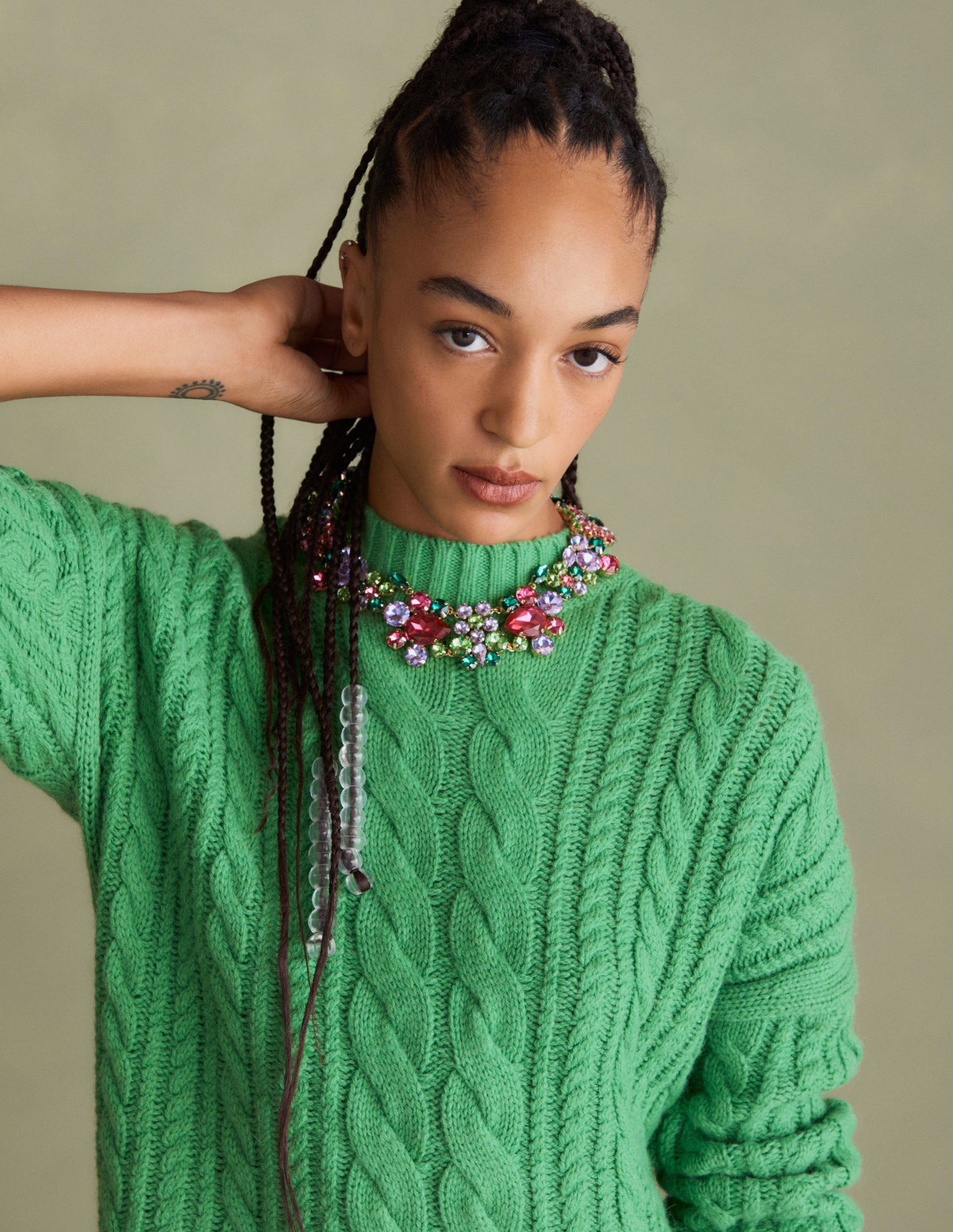 Cable Knit Jumper-Iguana Green-6