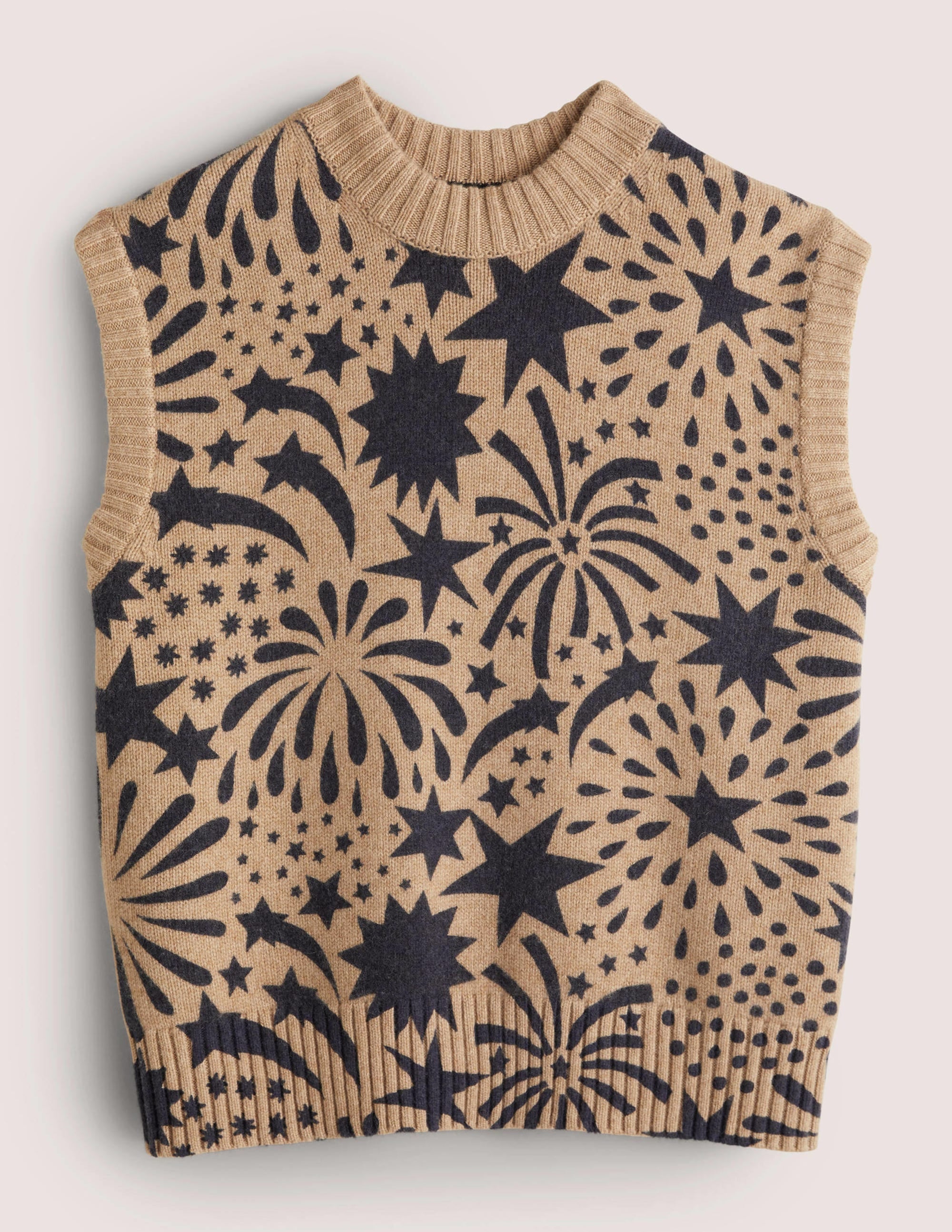 Chunky Cashmere Crew Neck Tank-Camel, Black Firework Bloom - Image 5