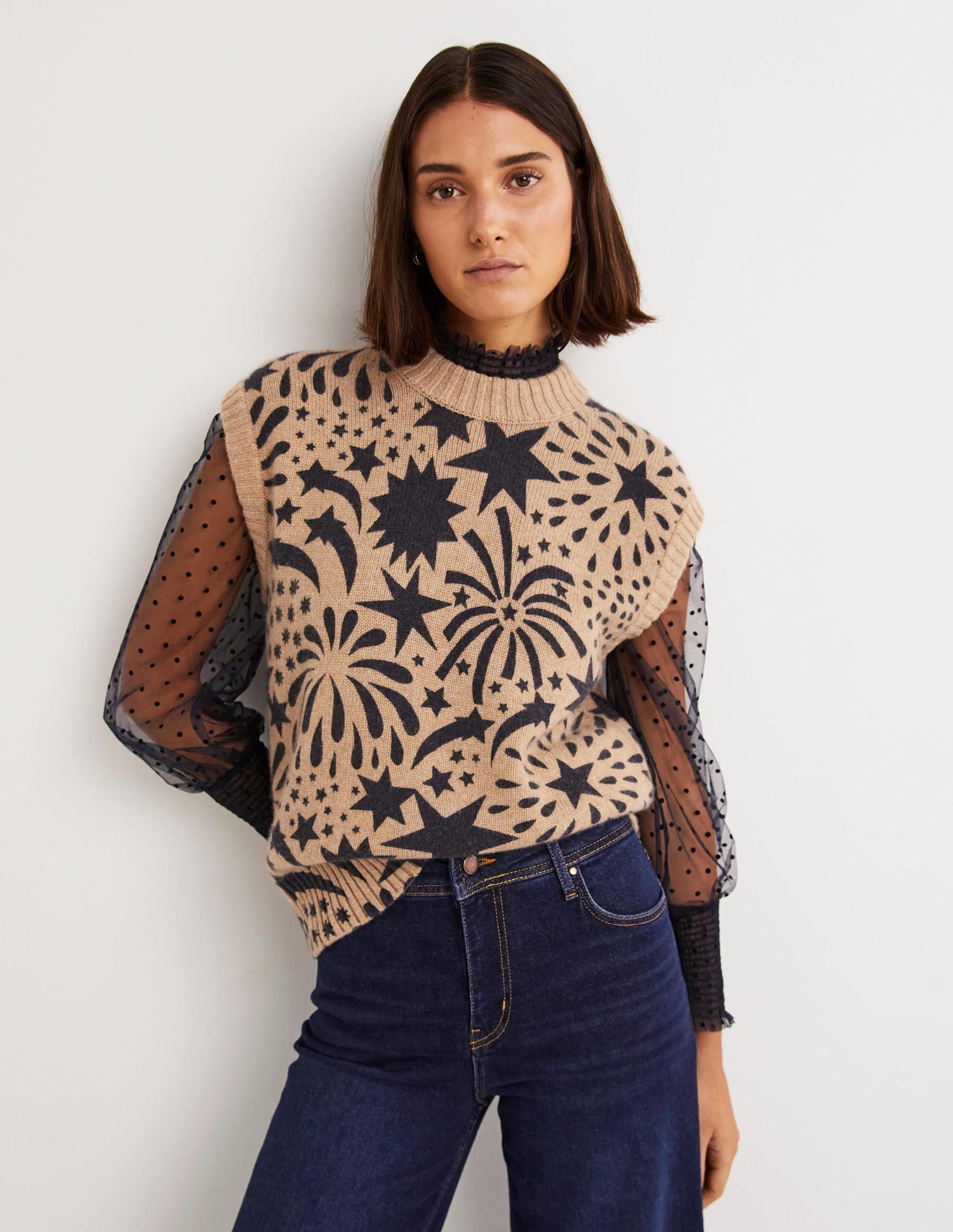 Chunky Cashmere Crew Neck Tank-Camel, Black Firework Bloom - Image 1
