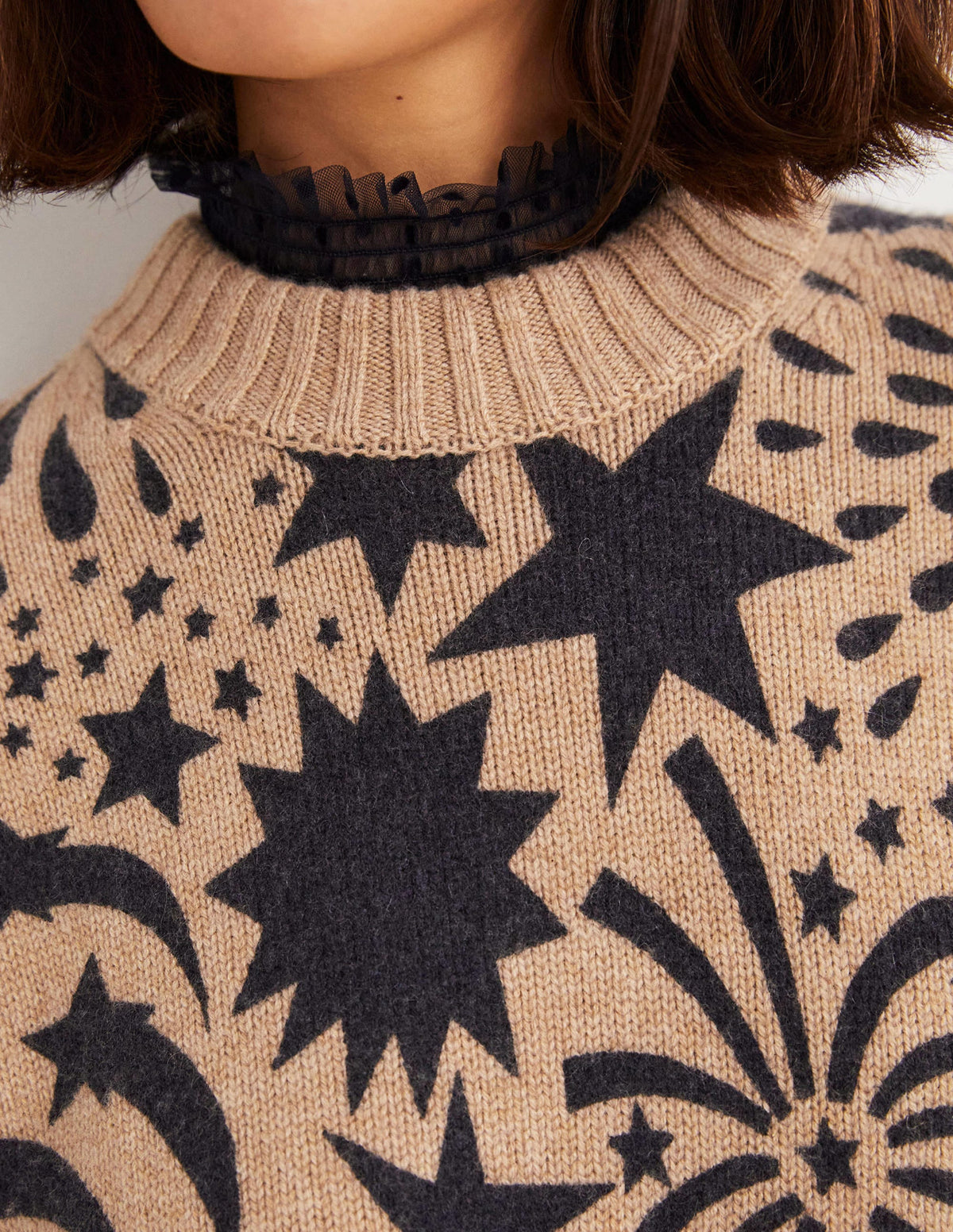 Chunky Cashmere Crew Neck Tank-Camel, Black Firework Bloom-2