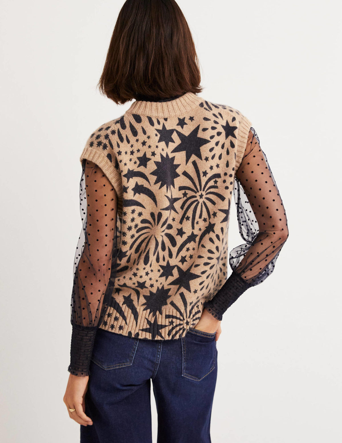 Chunky Cashmere Crew Neck Tank-Camel, Black Firework Bloom - Image 3