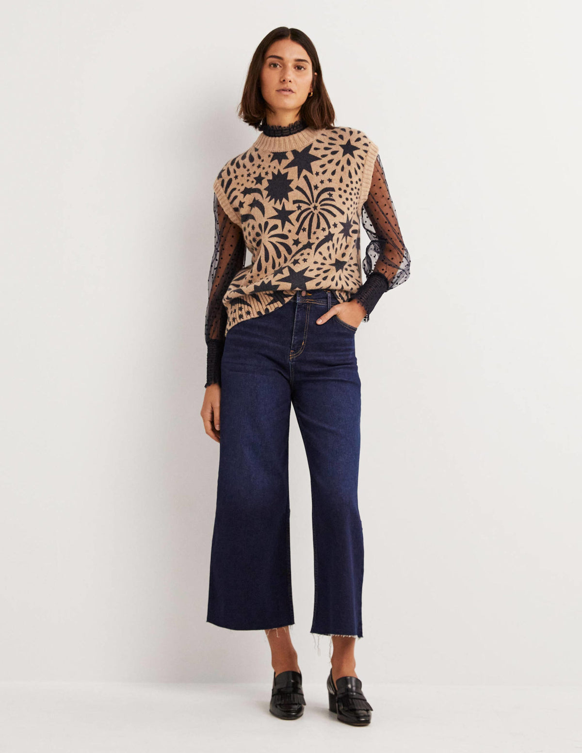Chunky Cashmere Crew Neck Tank-Camel, Black Firework Bloom-4