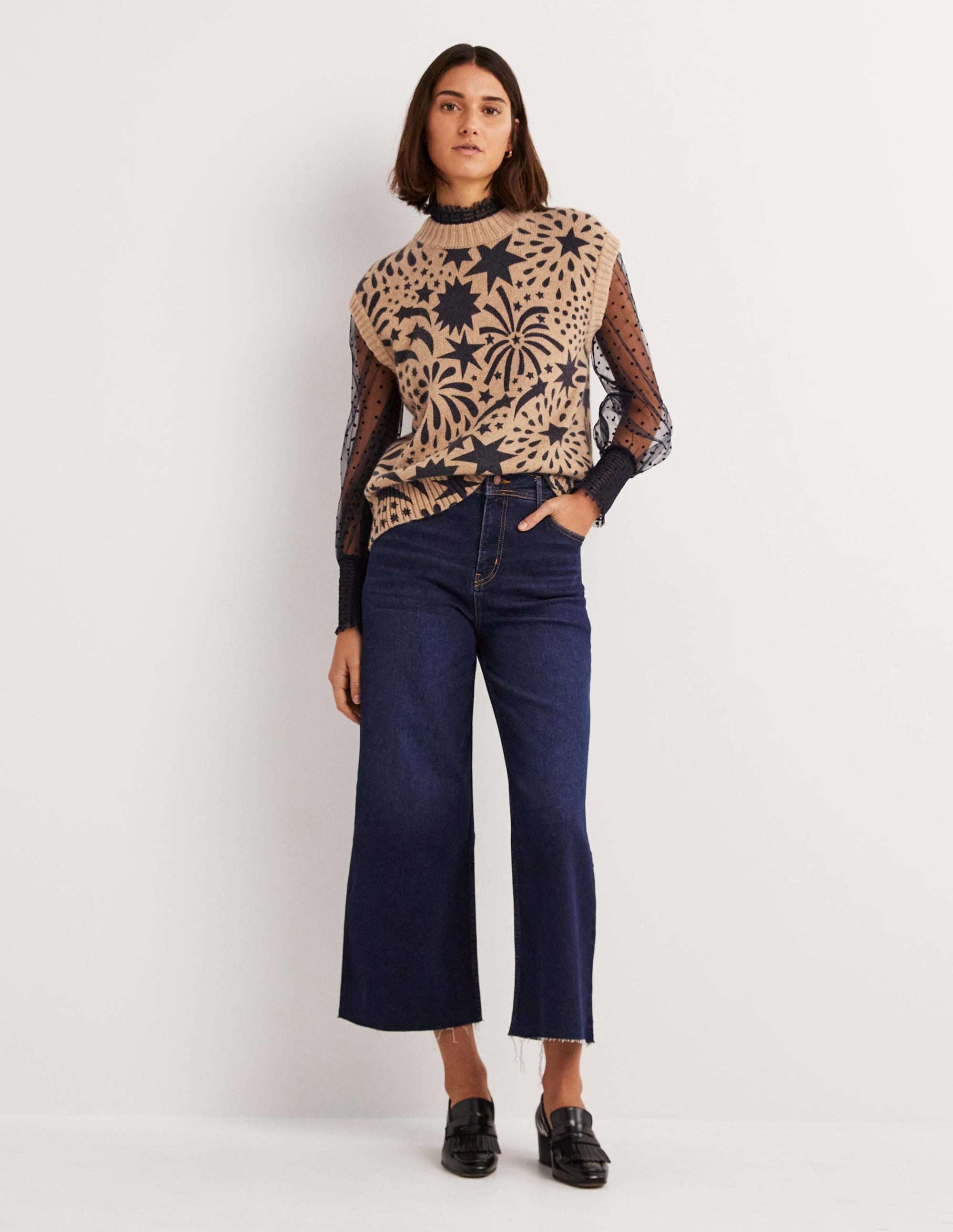 Chunky Cashmere Crew Neck Tank-Camel, Black Firework Bloom - Image 4
