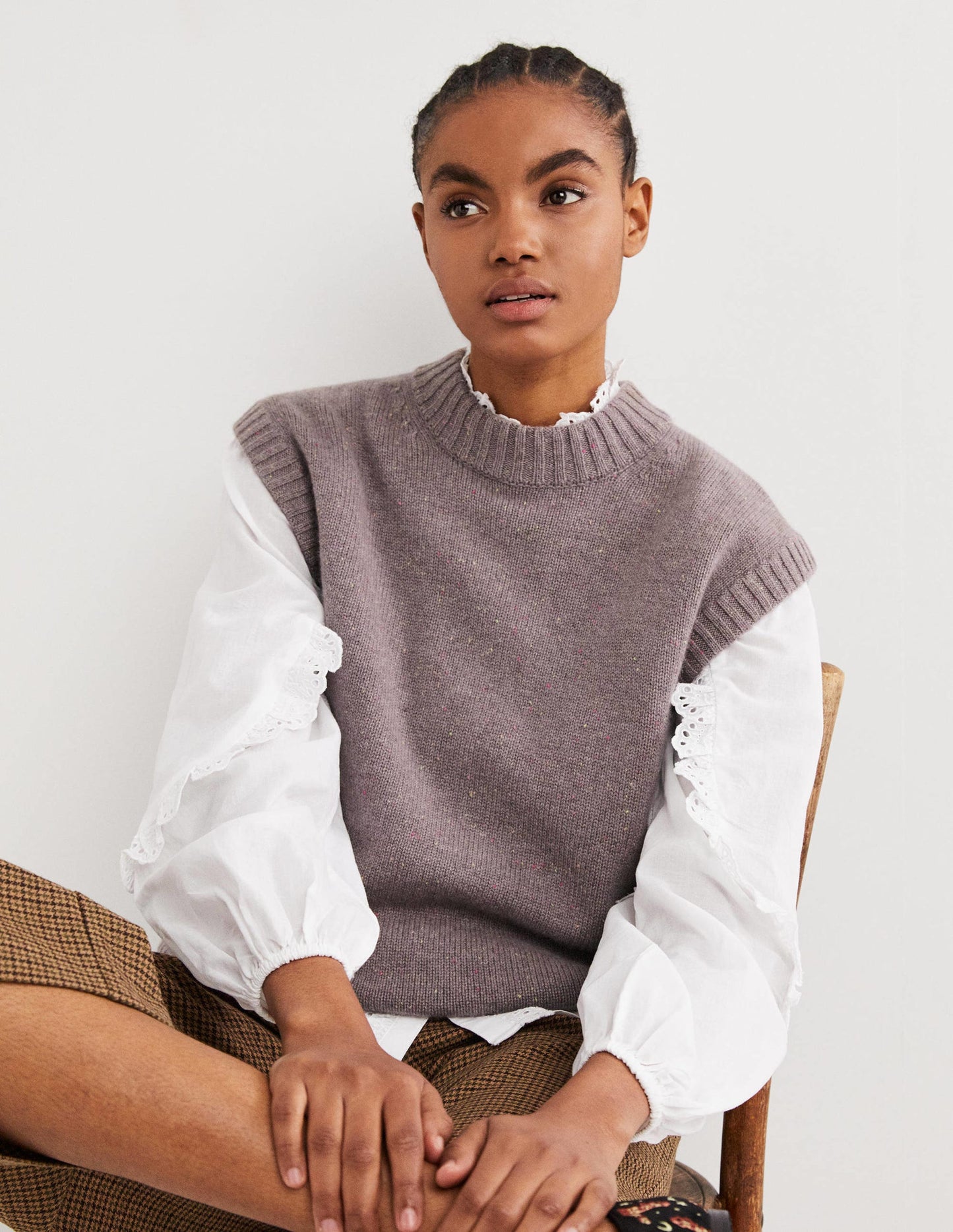 Chunky Cashmere Crew Neck Tank-Grey, Multi Nep