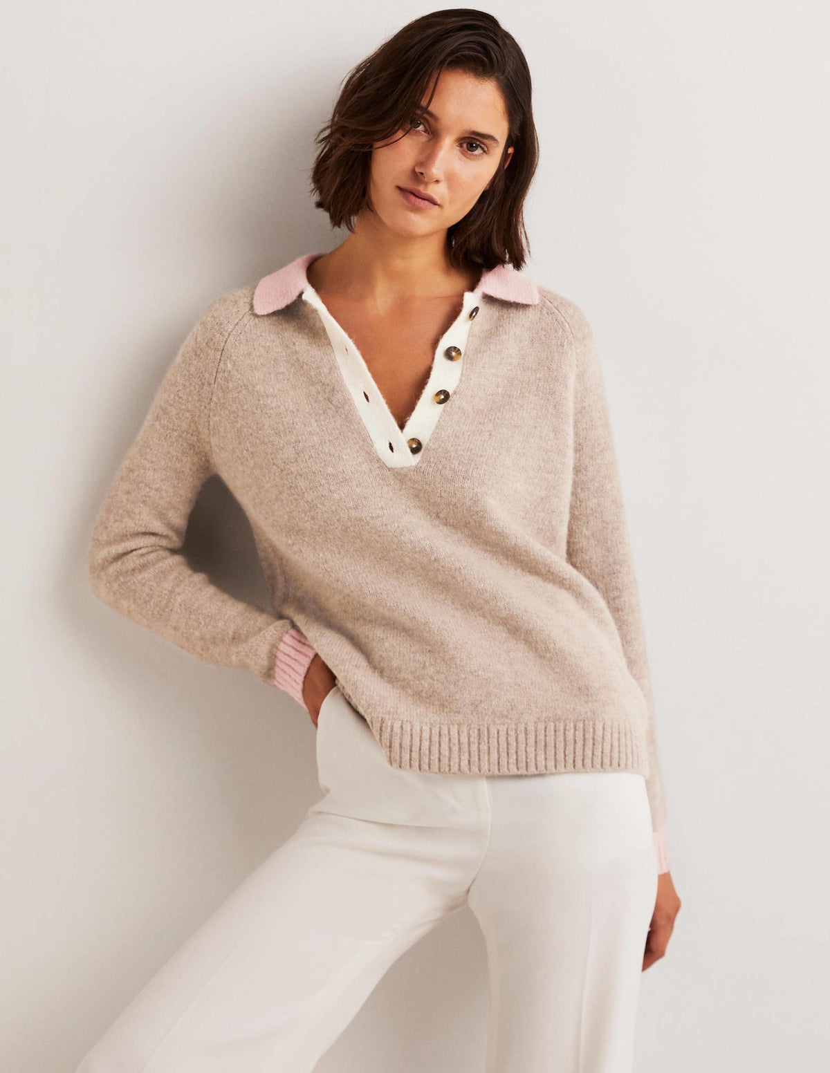 Fluffy Henley Jumper-Mink Melange, Pink Frosting - Image 1