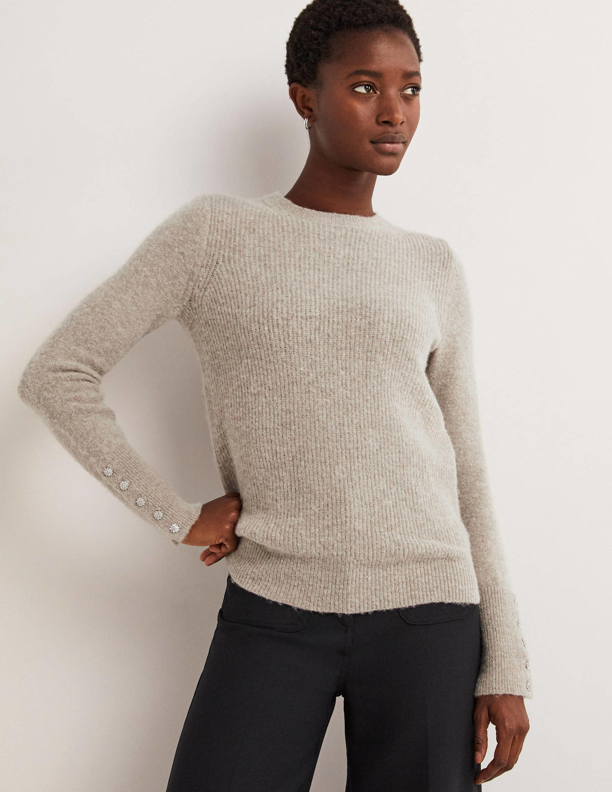 Jewel Button Fluffy Jumper-Mink Melange - Image 1