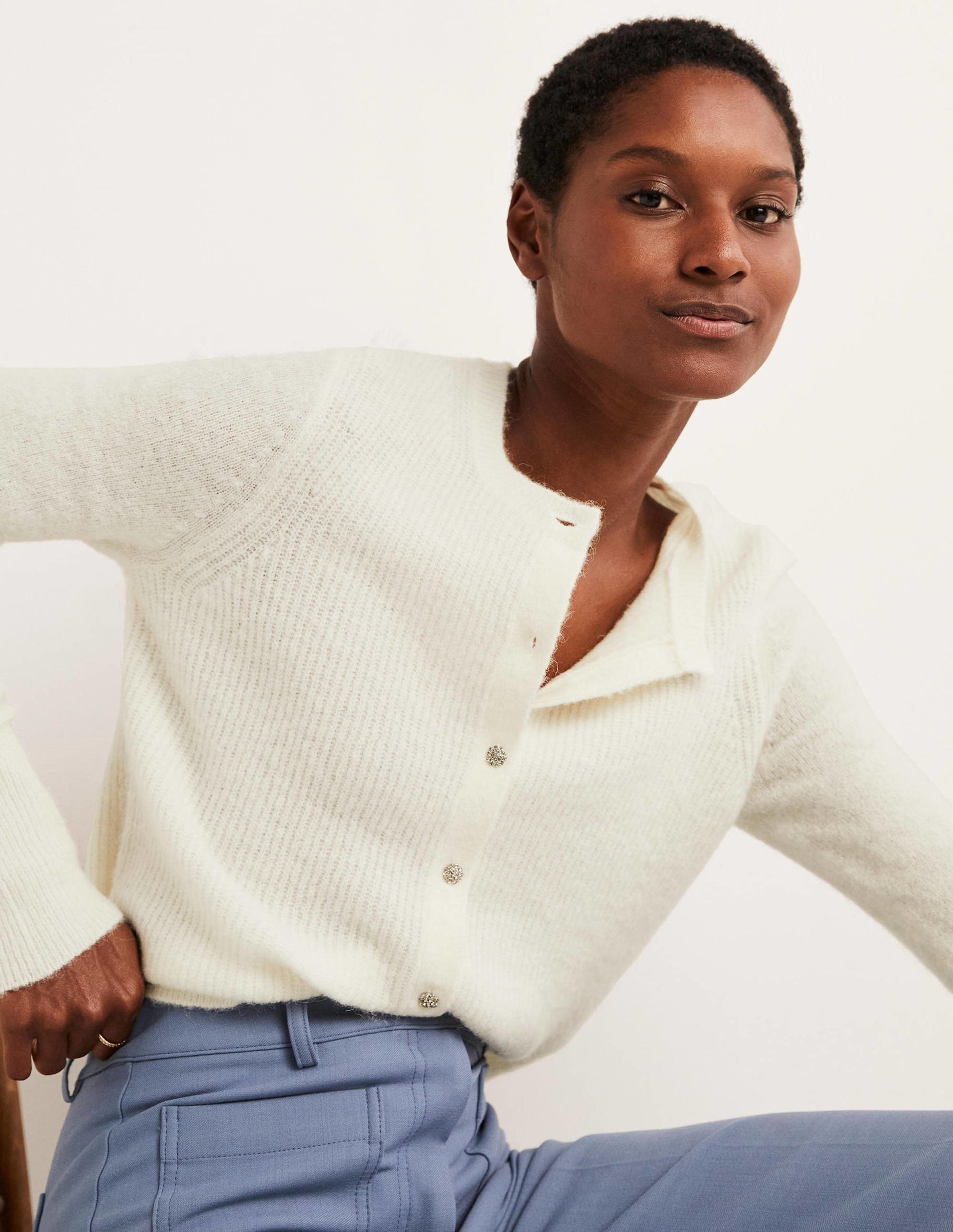 Jewel Button Fluffy Cardigan-Ivory-1