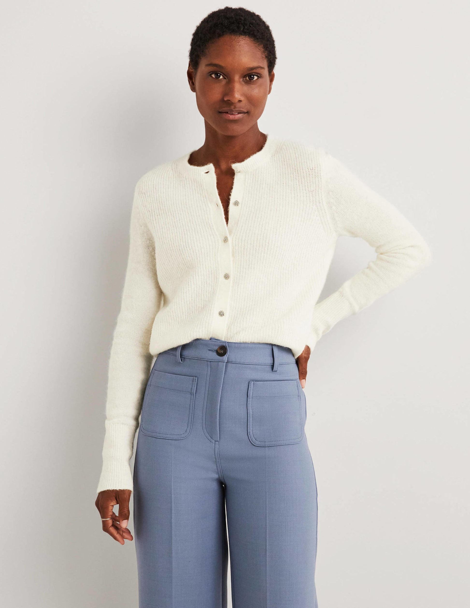 Jewel Button Fluffy Cardigan-Ivory-4