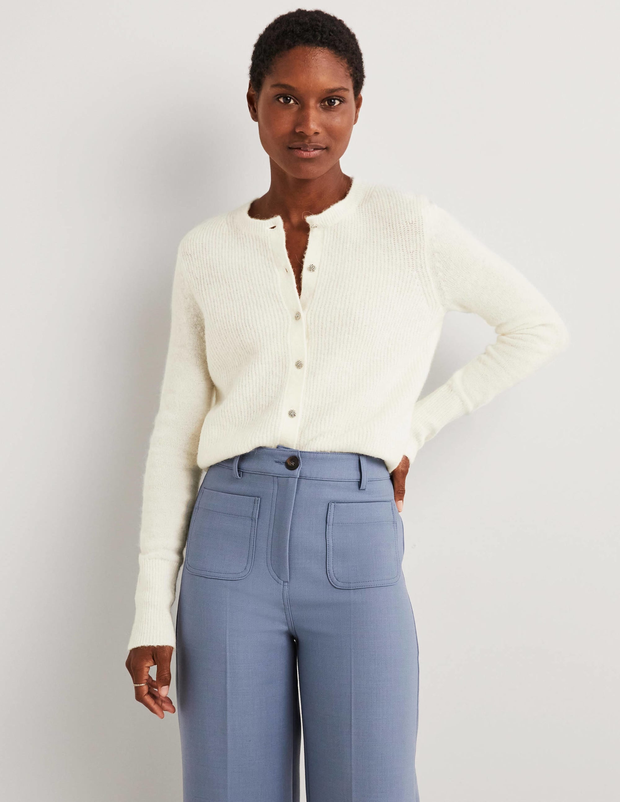 Jewel Button Fluffy Cardigan-Ivory - Image 4