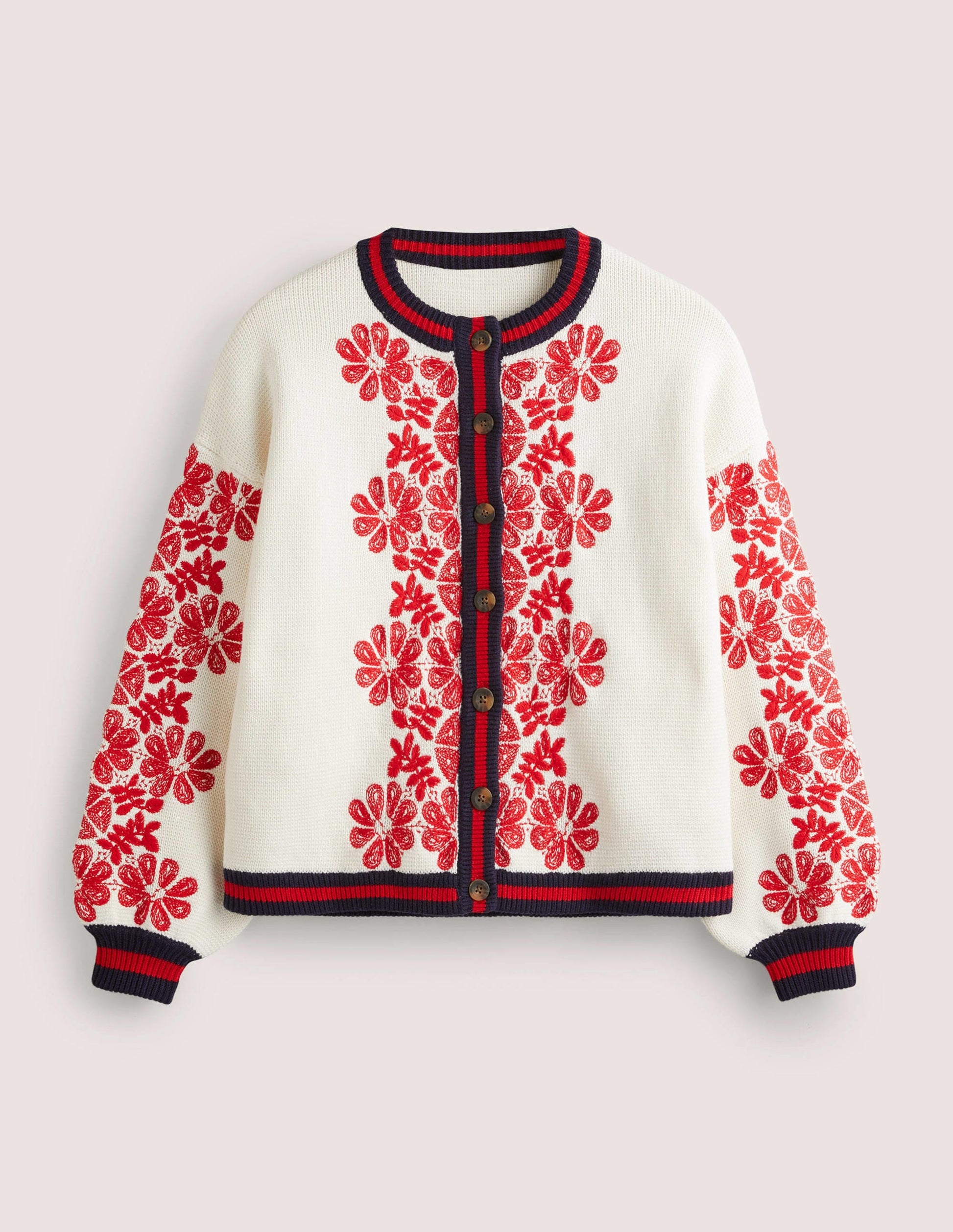 Knitted Bomber Jacket-Ivory, Red Embroidered-8