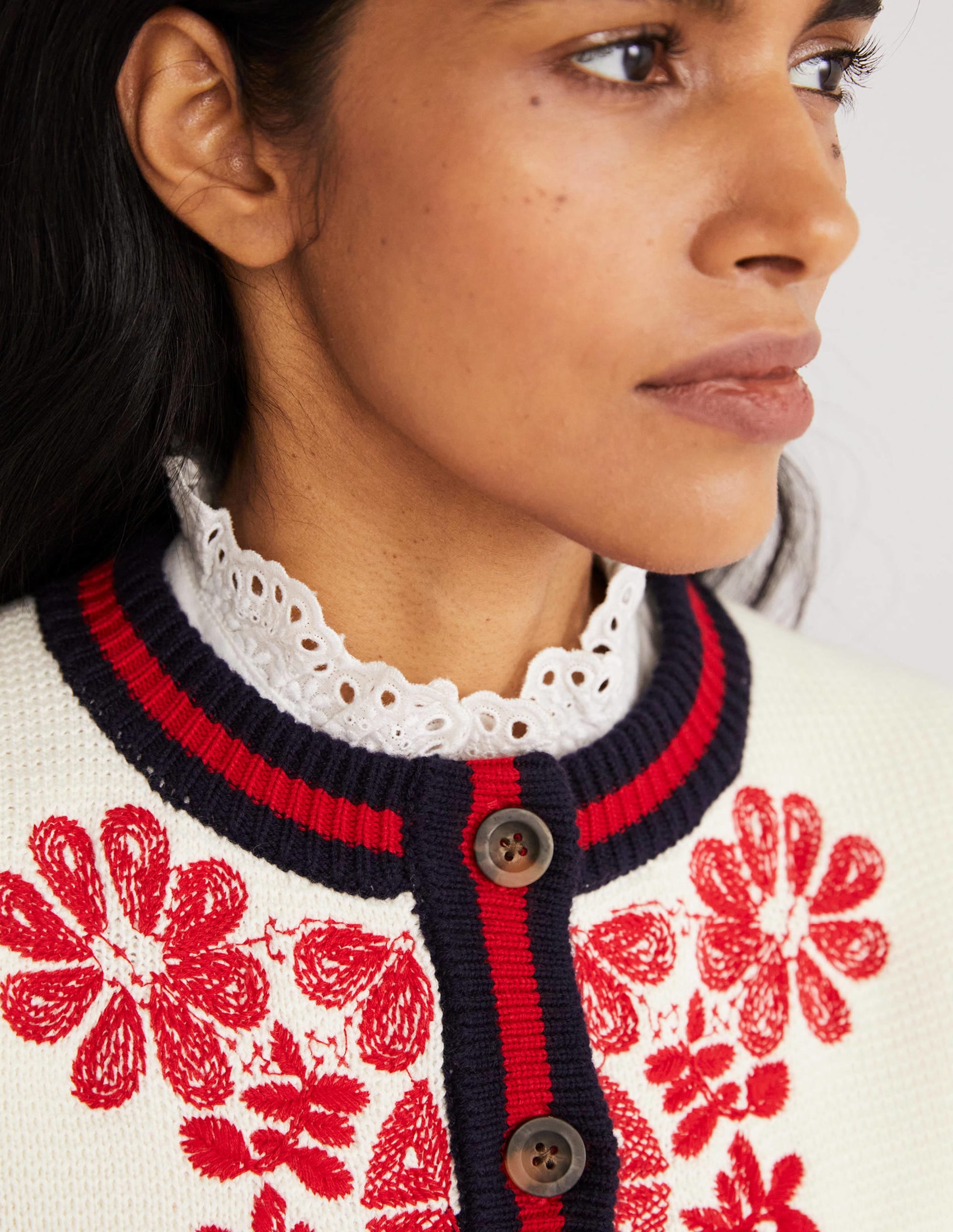 Knitted Bomber Jacket-Ivory, Red Embroidered - Image 2