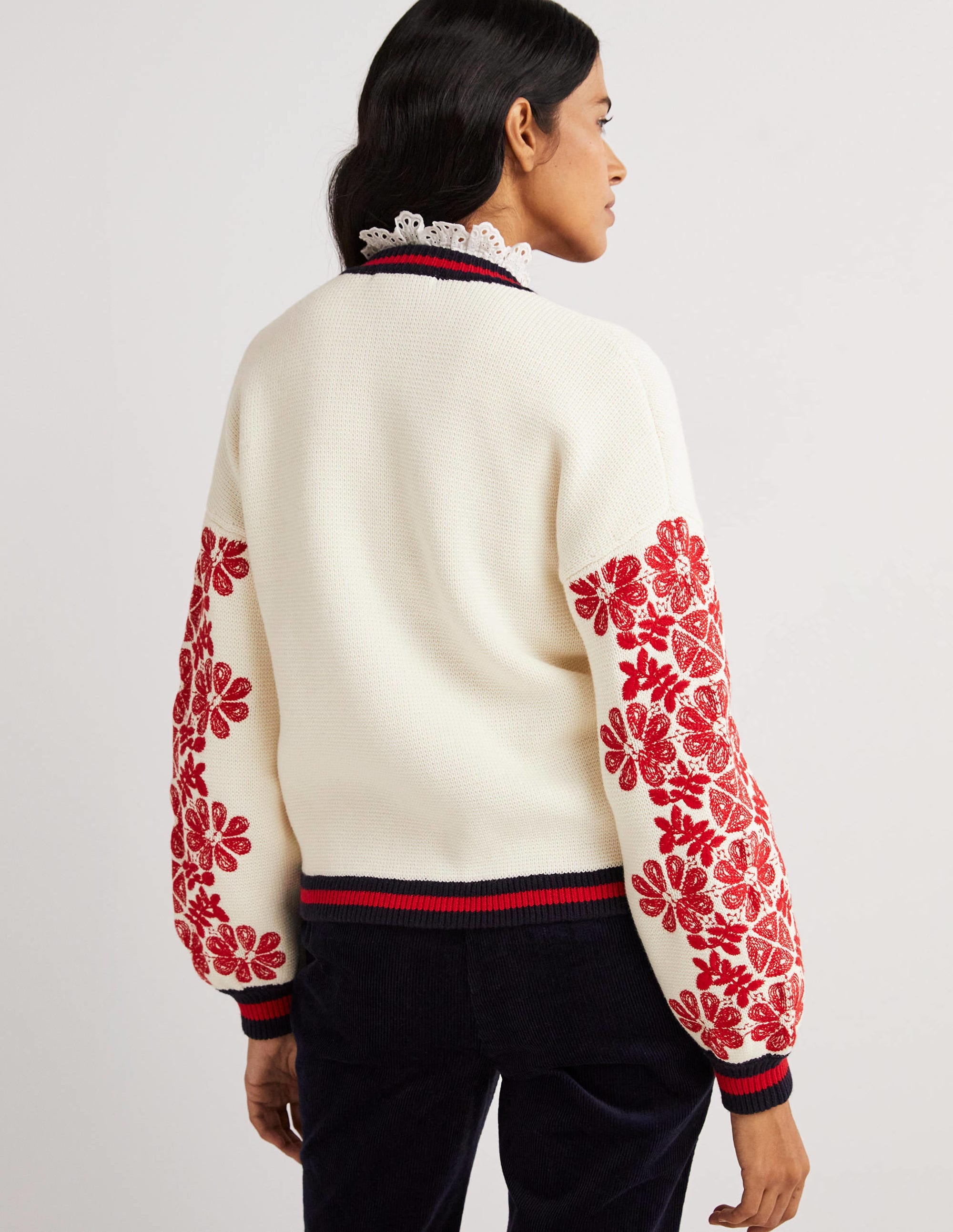 Knitted Bomber Jacket-Ivory, Red Embroidered - Image 3