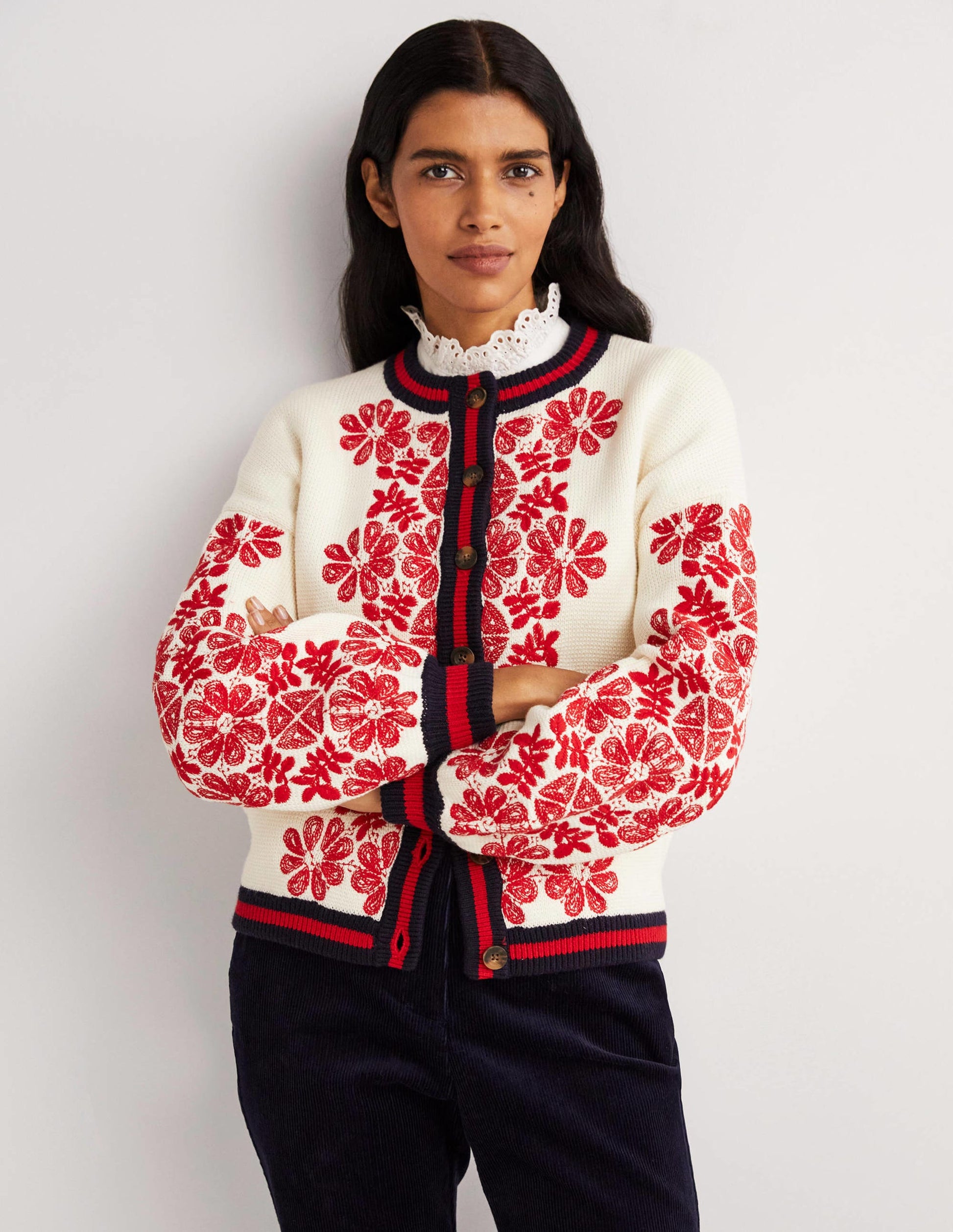 Knitted Bomber Jacket-Ivory, Red Embroidered-4