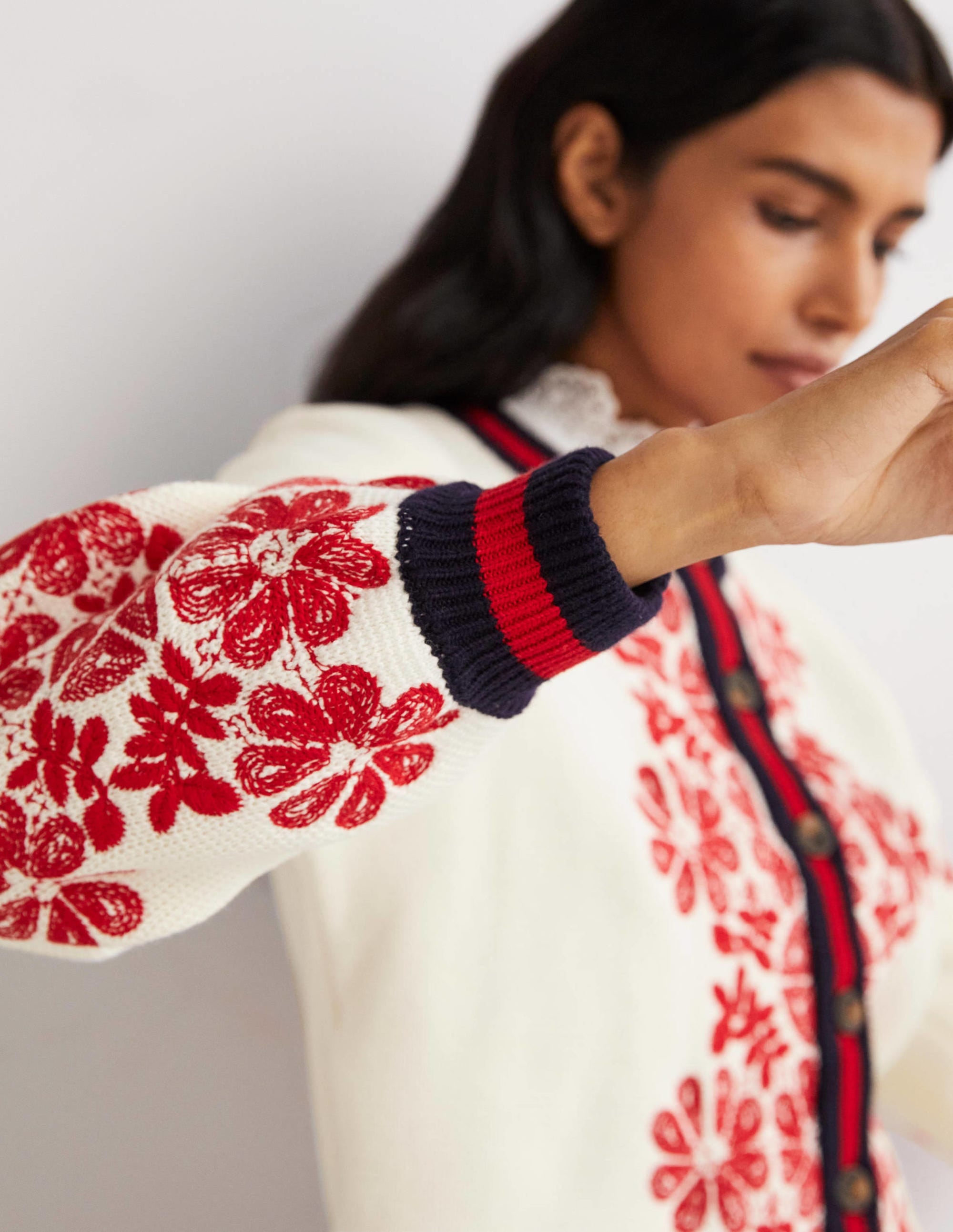 Knitted Bomber Jacket-Ivory, Red Embroidered - Image 5