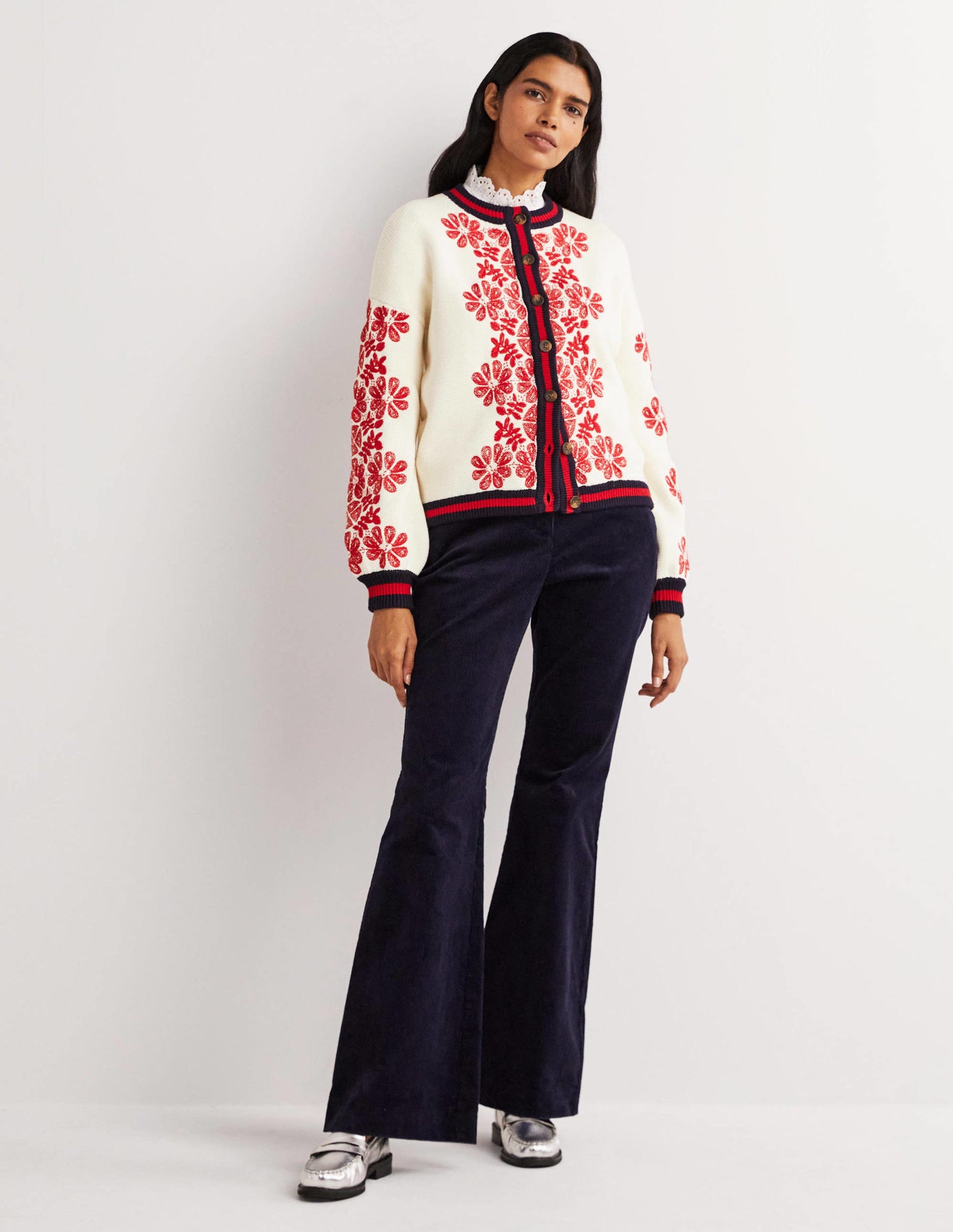Knitted Bomber Jacket-Ivory, Red Embroidered-6