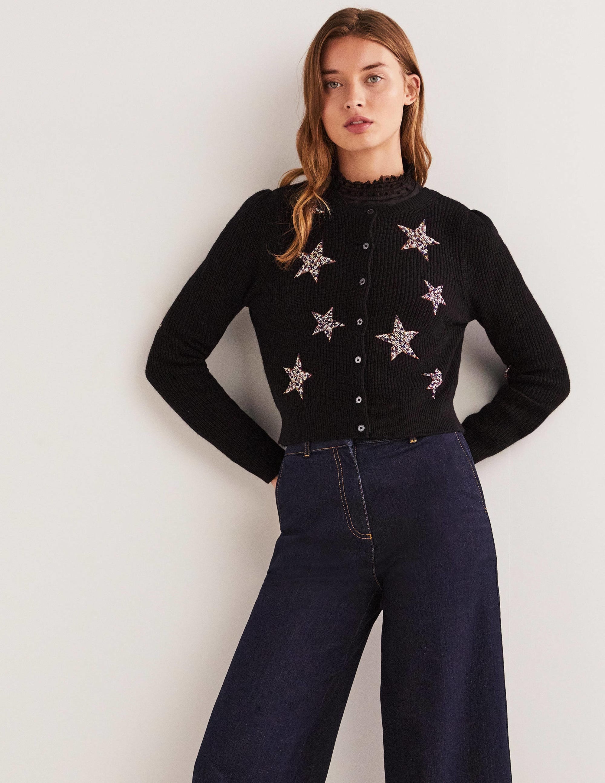 Black Star-Embellished Ribbed Cardigan-Black, Embellished Stars - Image 1