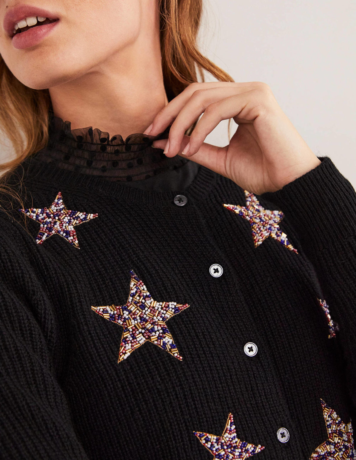 Black Star-Embellished Ribbed Cardigan-Black, Embellished Stars-2