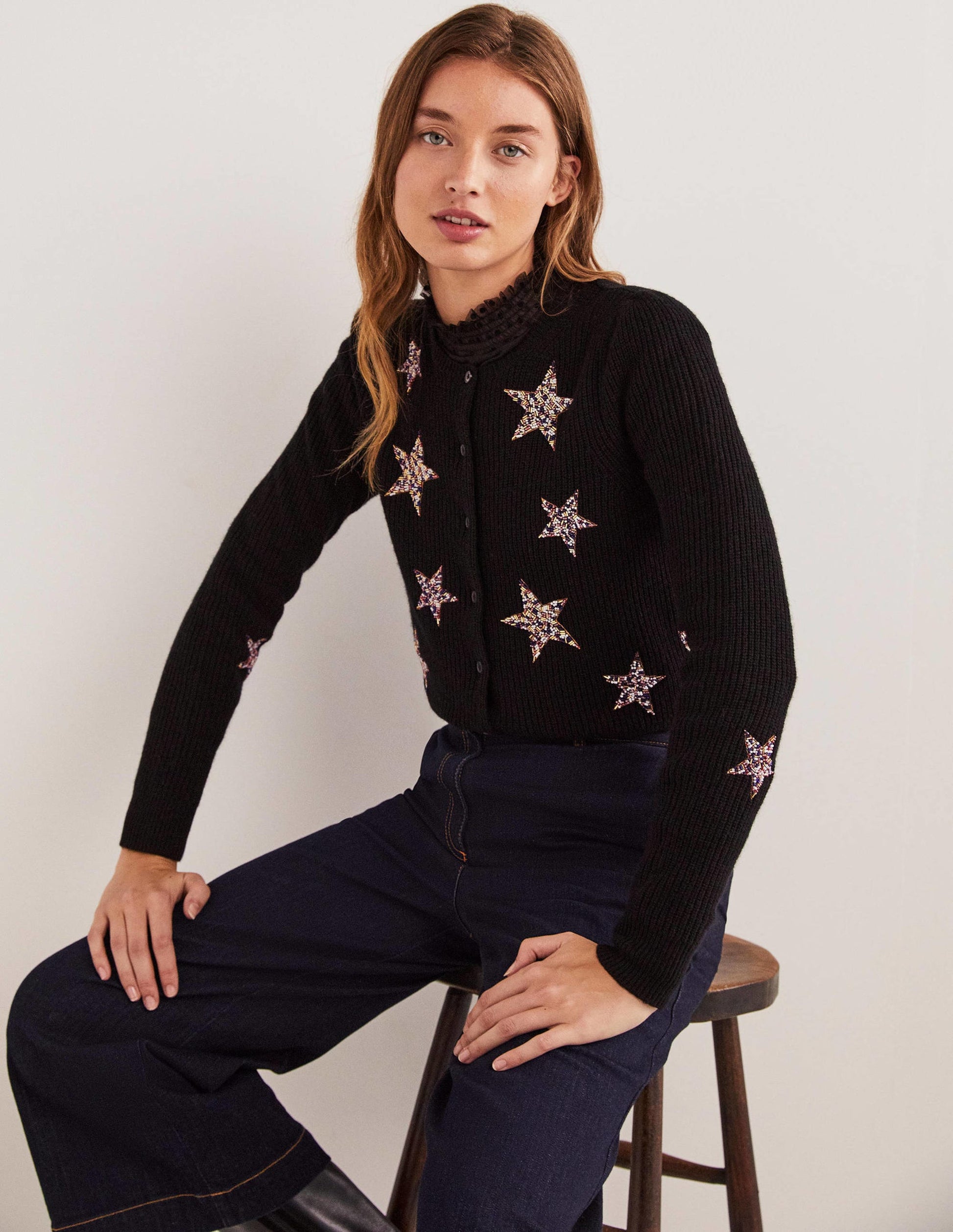Black Star-Embellished Ribbed Cardigan-Black, Embellished Stars-4