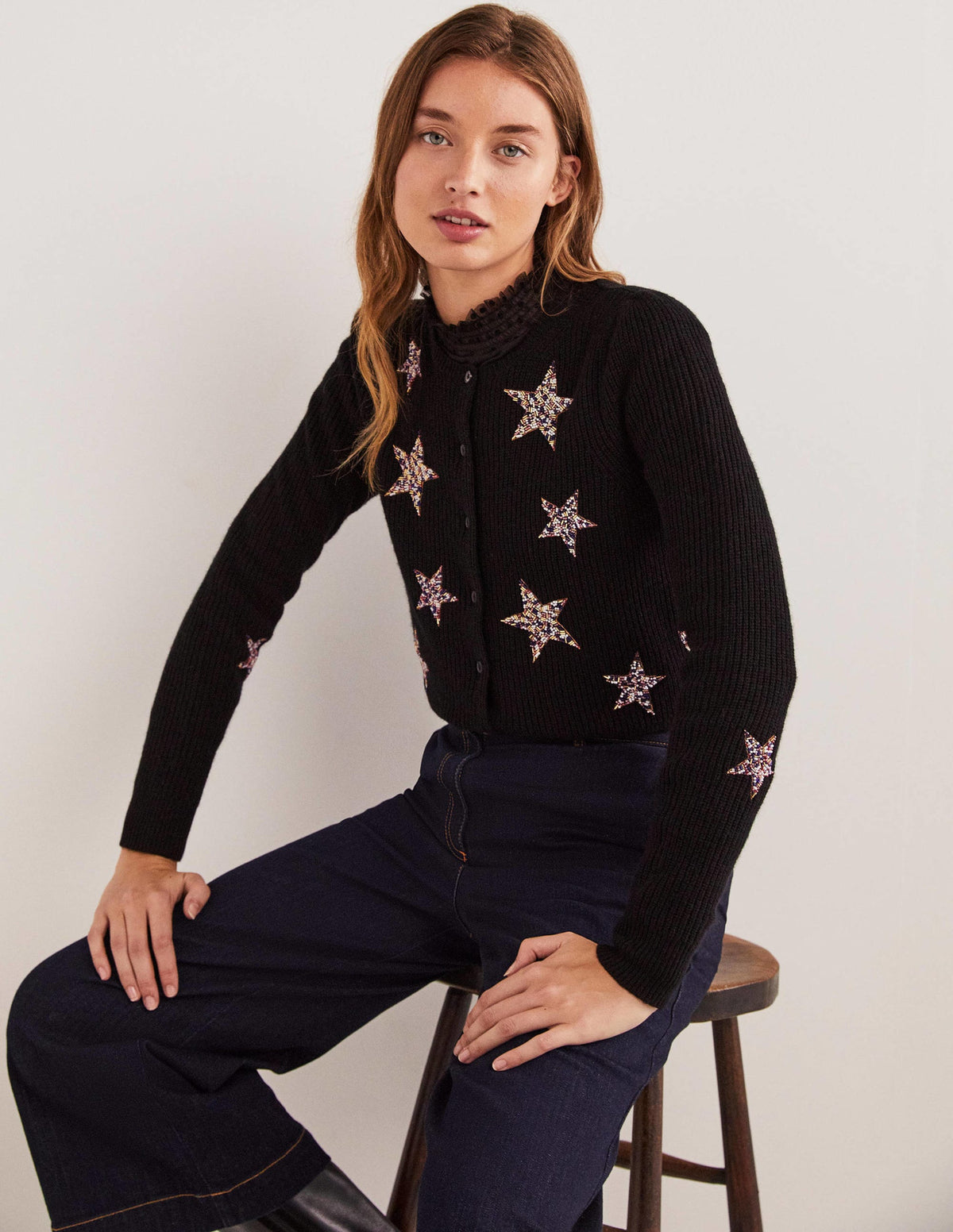 Black Star-Embellished Ribbed Cardigan-Black, Embellished Stars - Image 4
