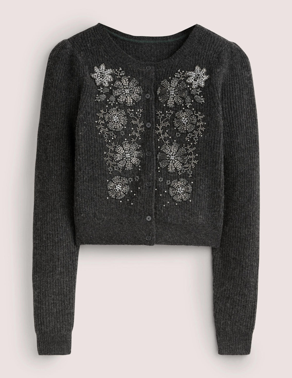 Embellished Ribbed Cardigan-Charcoal Melange - Image 10