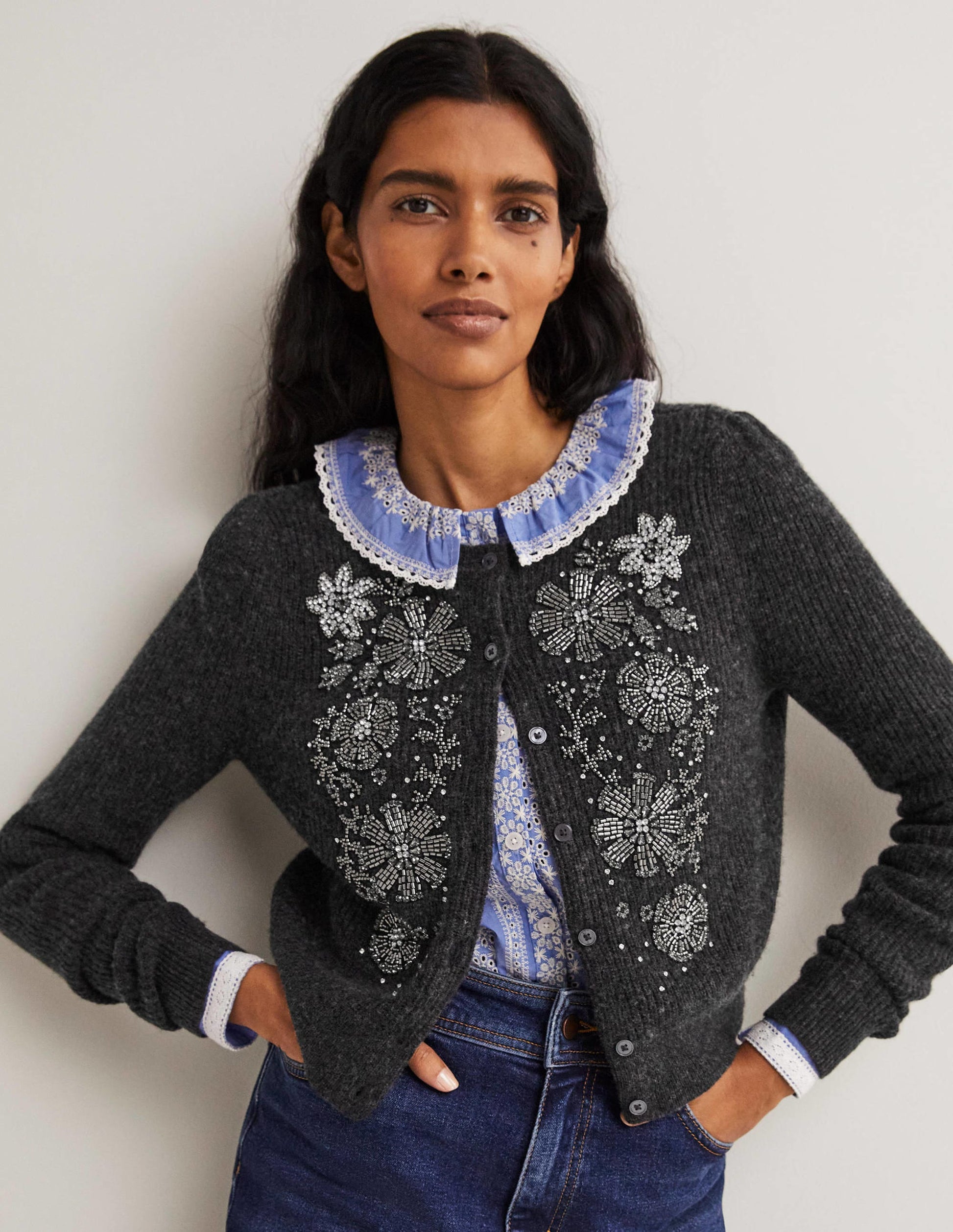 Embellished Ribbed Cardigan-Charcoal Melange-1