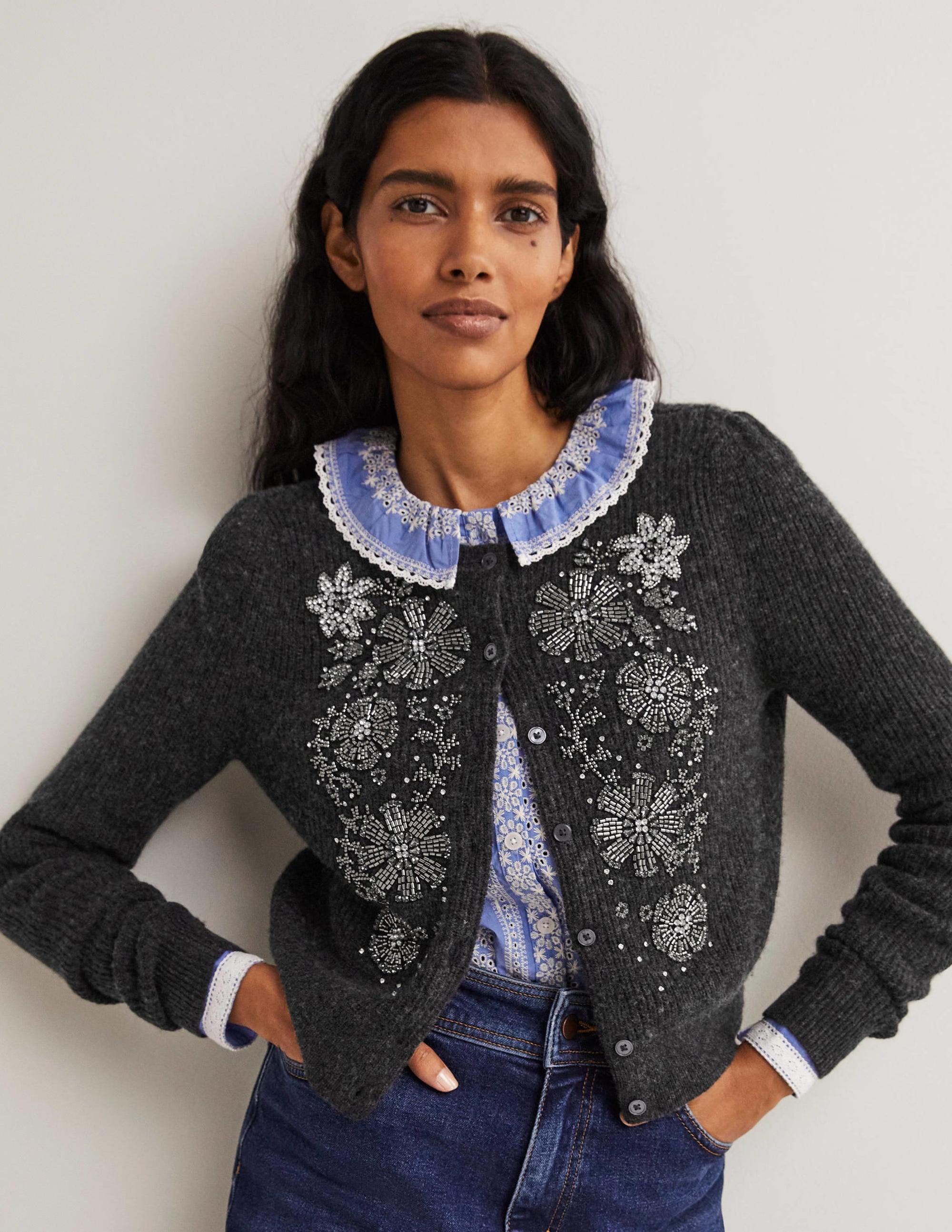 Embellished Ribbed Cardigan-Charcoal Melange - Image 1