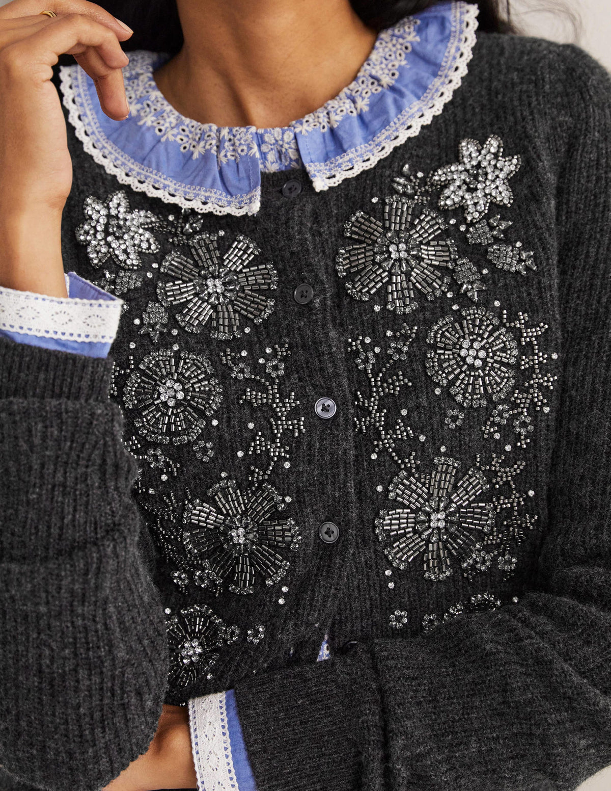 Embellished Ribbed Cardigan-Charcoal Melange - Image 2