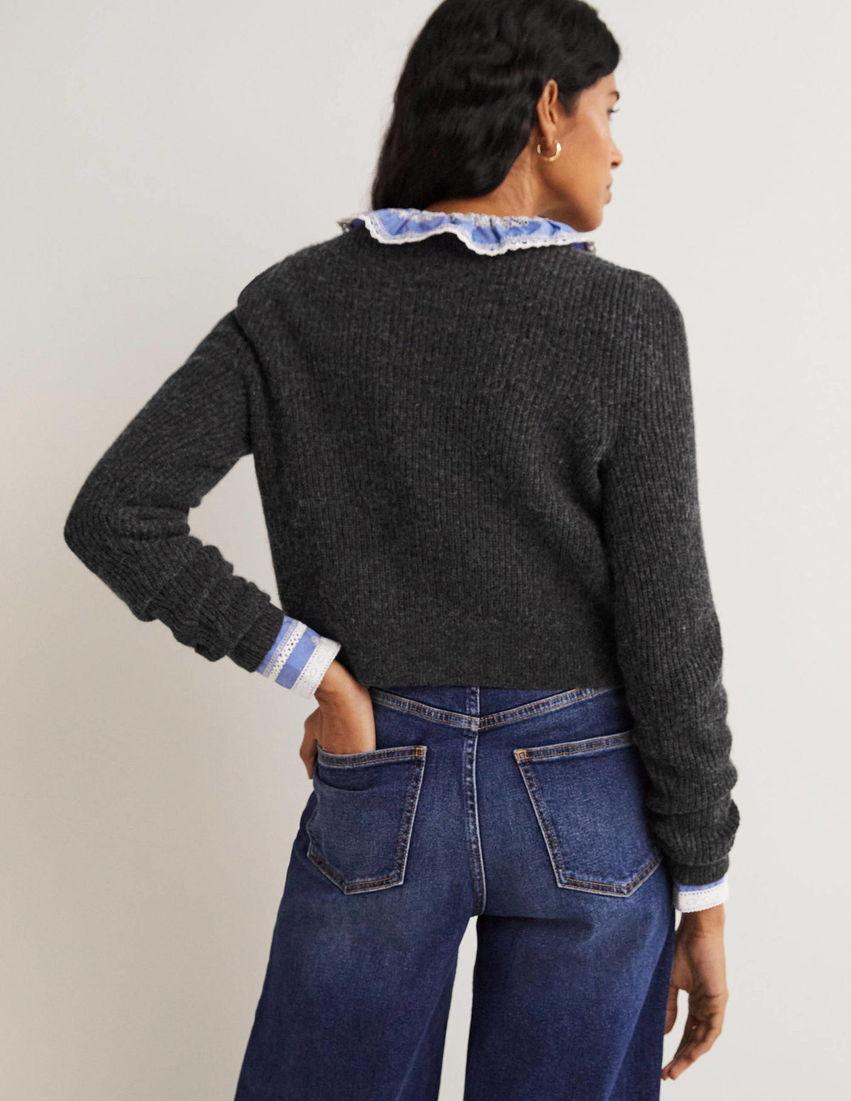 Embellished Ribbed Cardigan-Charcoal Melange - Image 3