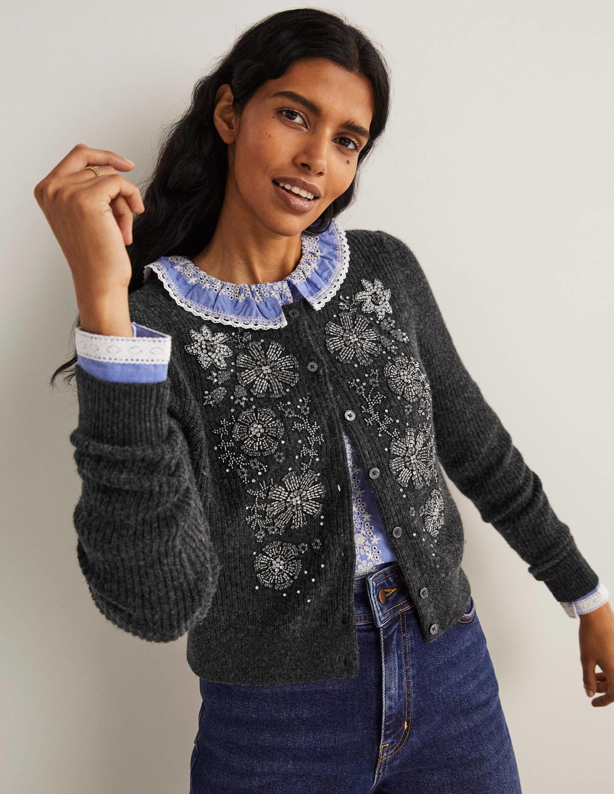 Embellished Ribbed Cardigan-Charcoal Melange - Image 4