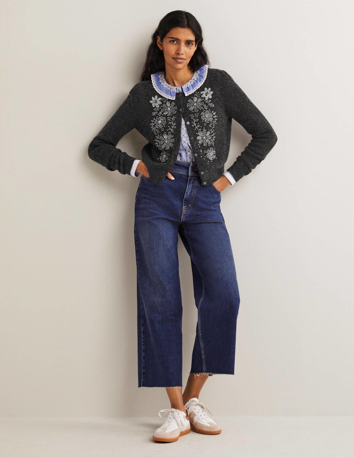 Embellished Ribbed Cardigan-Charcoal Melange - Image 5