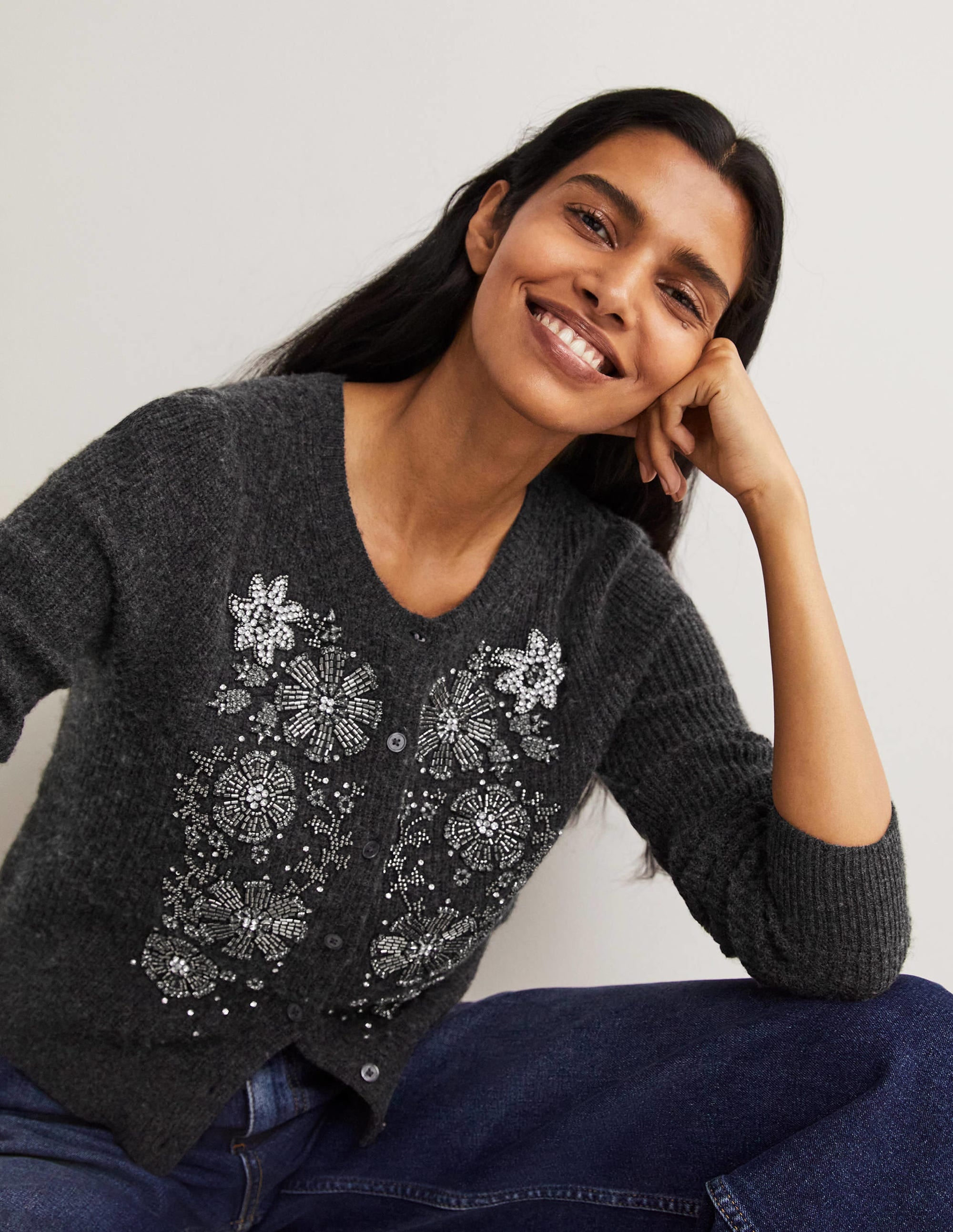 Embellished Ribbed Cardigan-Charcoal Melange - Image 6