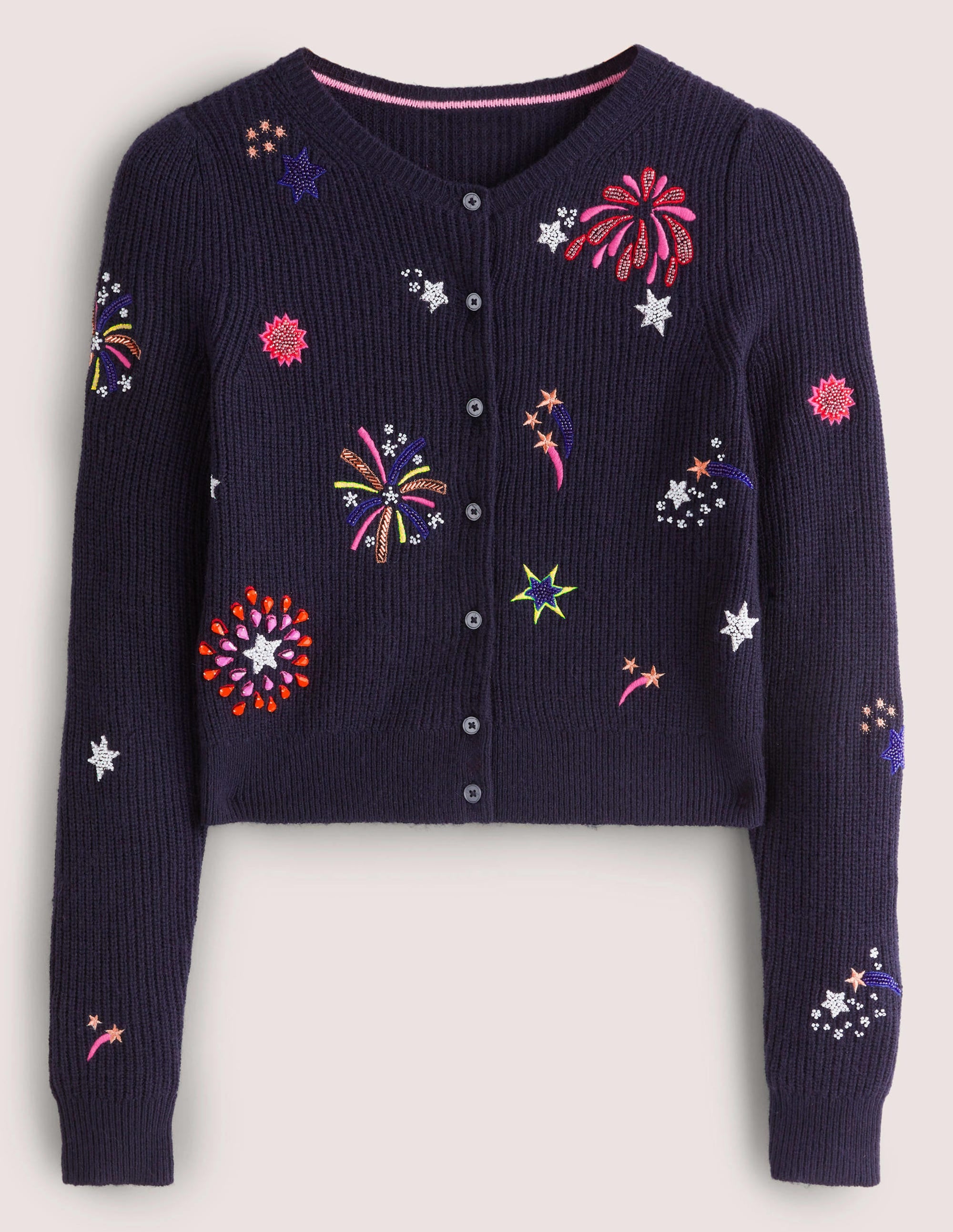 Navy Fireworks-Embellished Ribbed Cardigan-Navy, Embellished Fireworks - Image 5