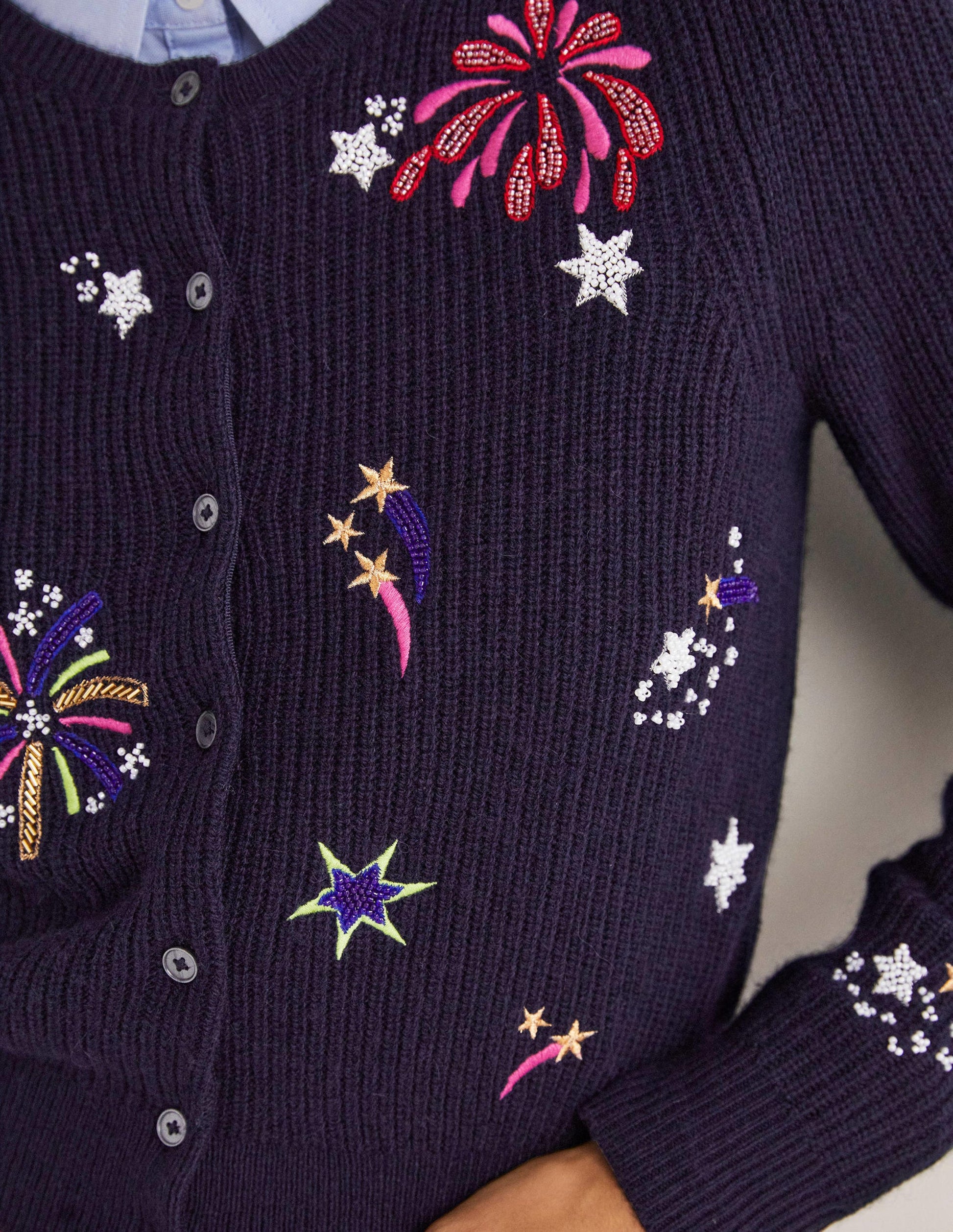 Navy Fireworks-Embellished Ribbed Cardigan-Navy, Embellished Fireworks-2