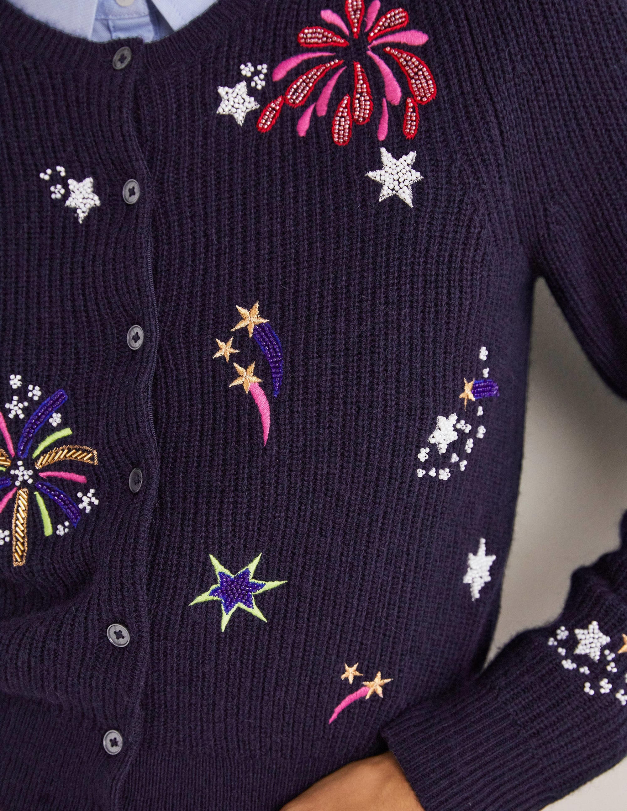 Navy Fireworks-Embellished Ribbed Cardigan-Navy, Embellished Fireworks - Image 2
