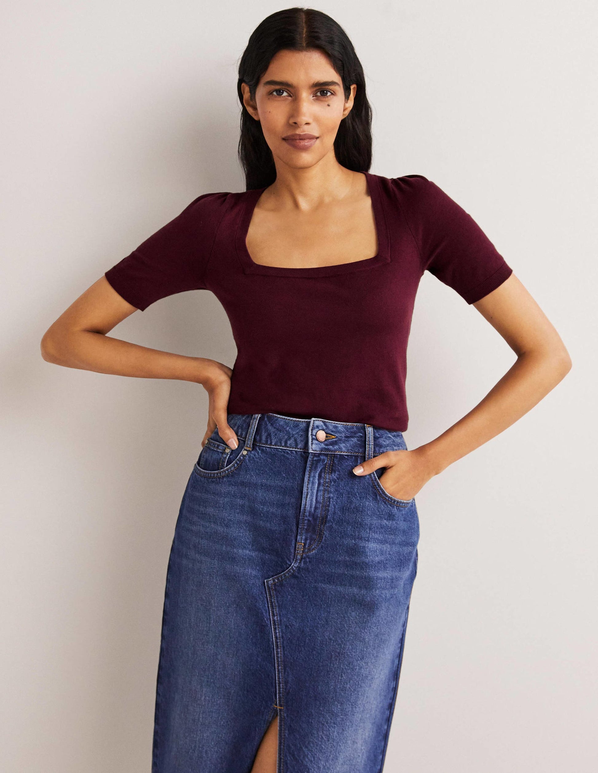 Cotton Square Neck Knitted Top-Berry-1