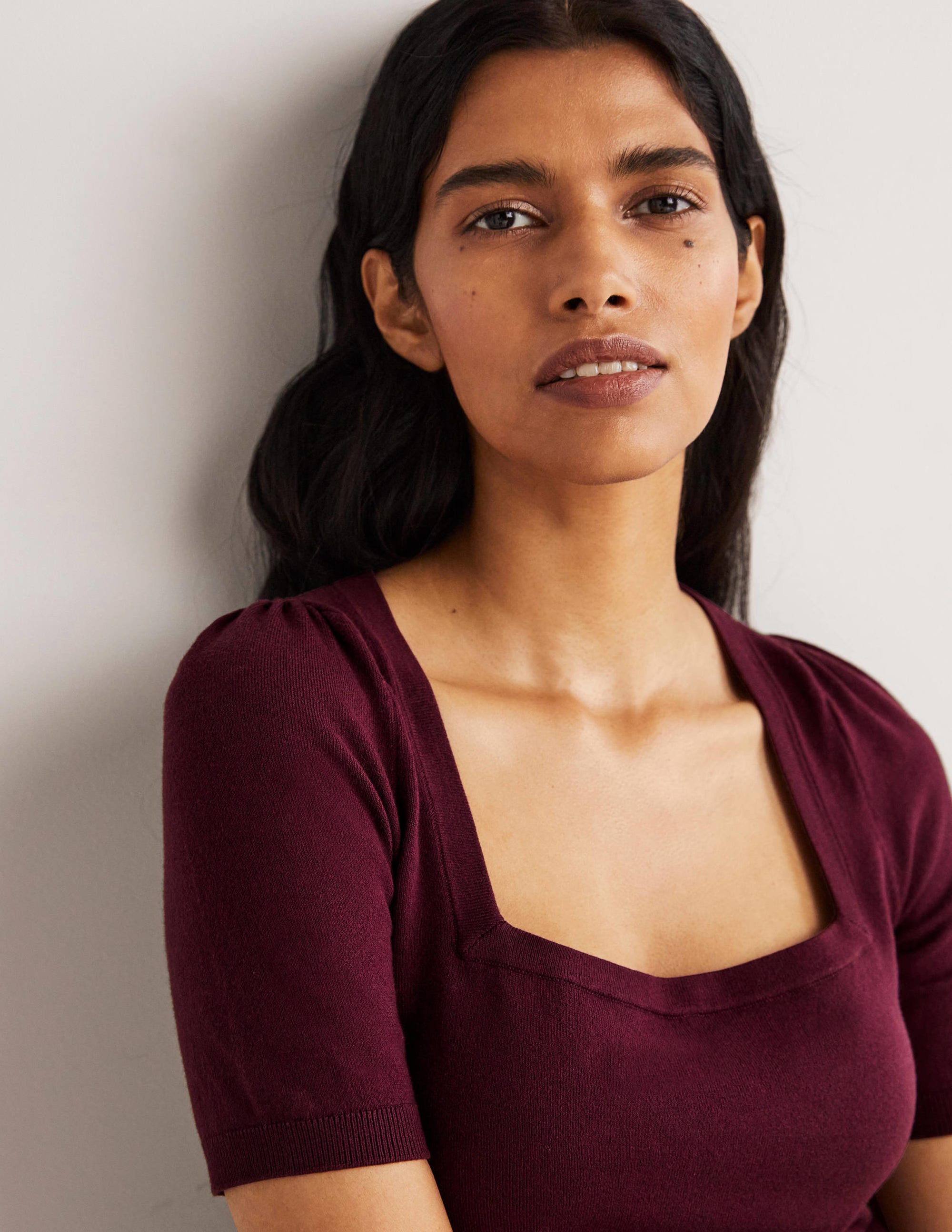Cotton Square Neck Knitted Top-Berry - Image 2