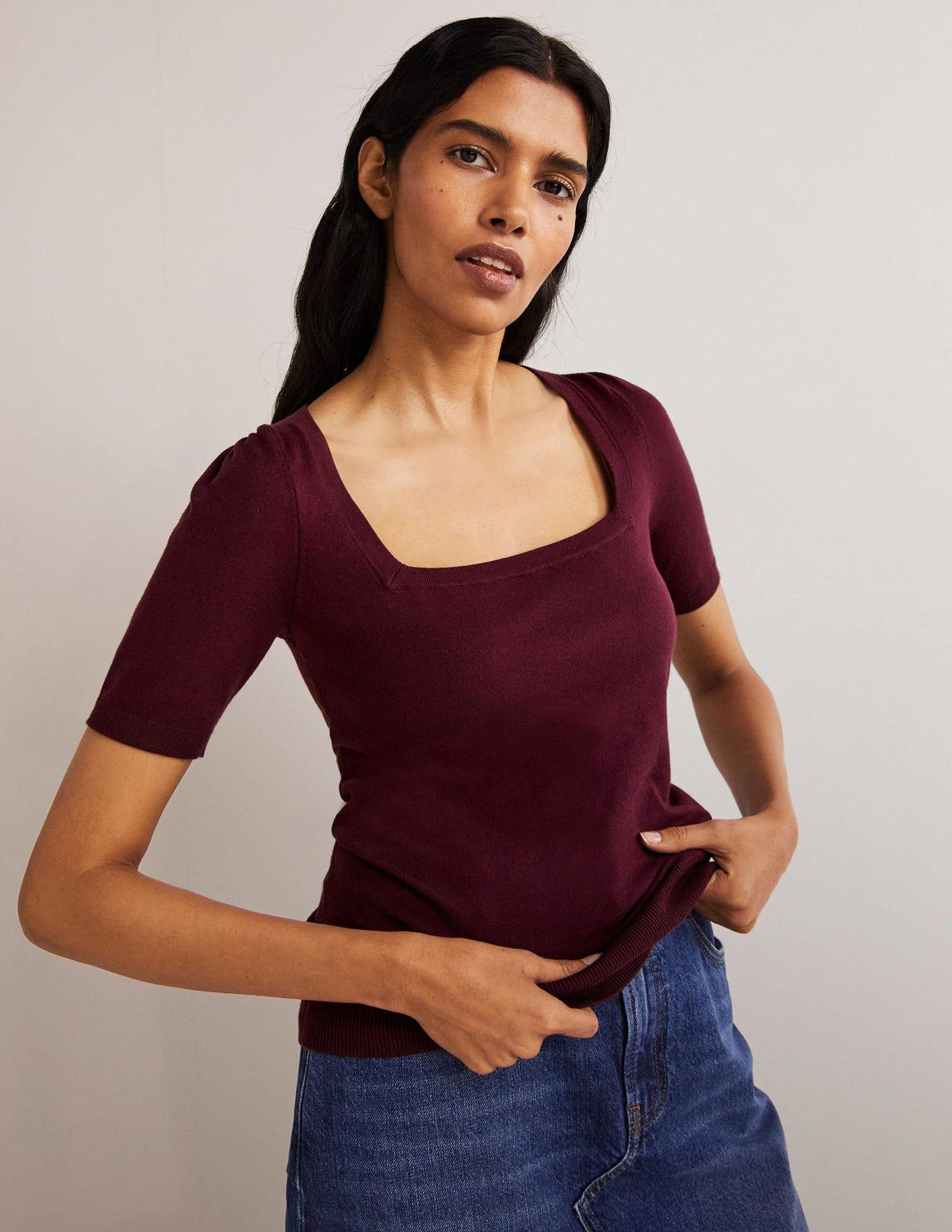 Cotton Square Neck Knitted Top-Berry - Image 4