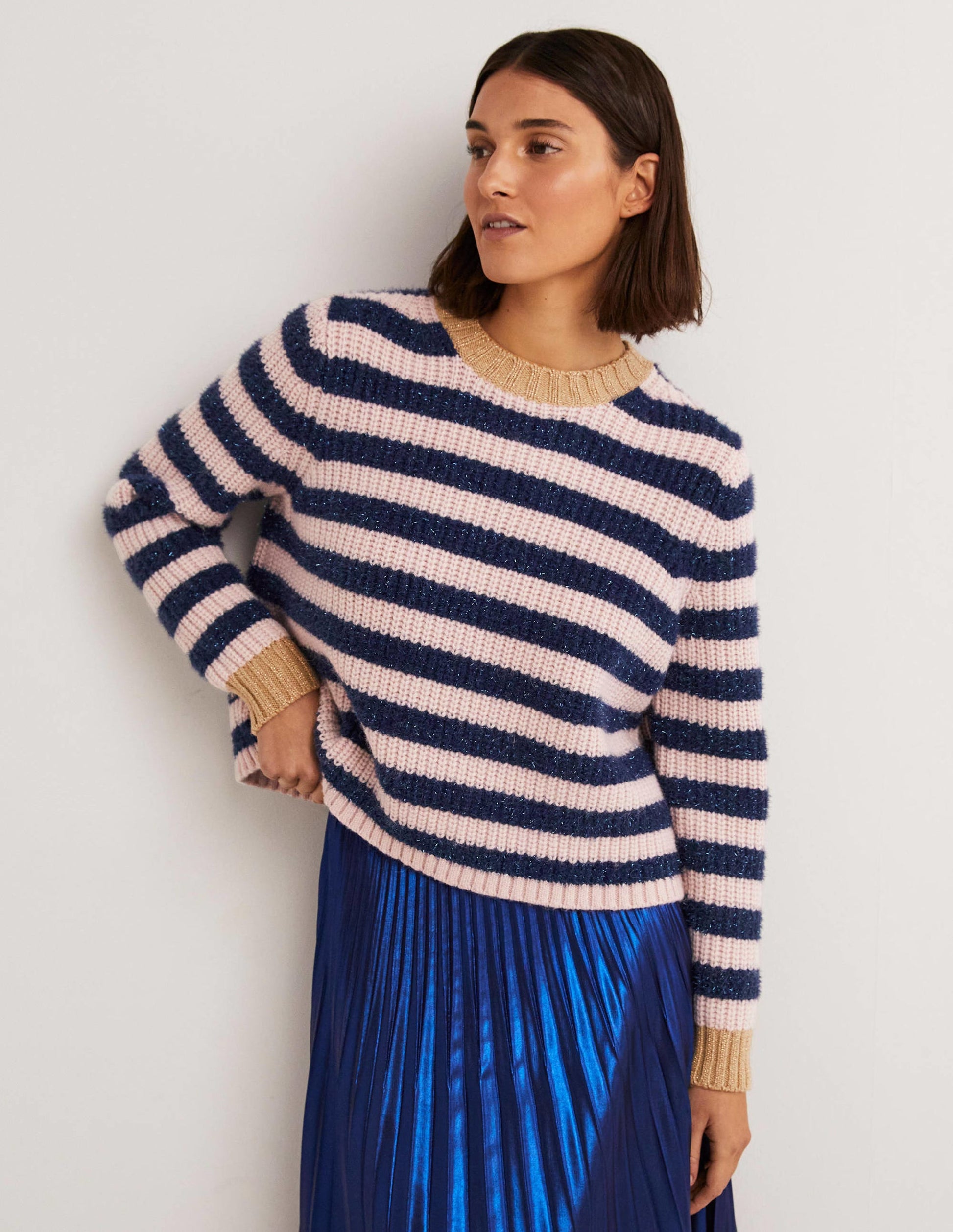 Navy Sparkle Stripe Ribbed Jumper-Navy, Pink Tinsel Stripe-1