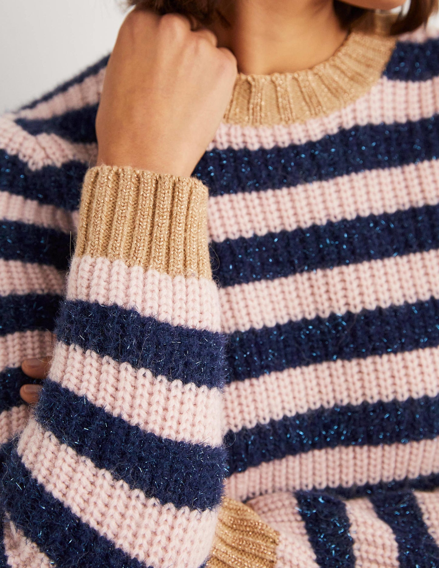 Navy Sparkle Stripe Ribbed Jumper-Navy, Pink Tinsel Stripe