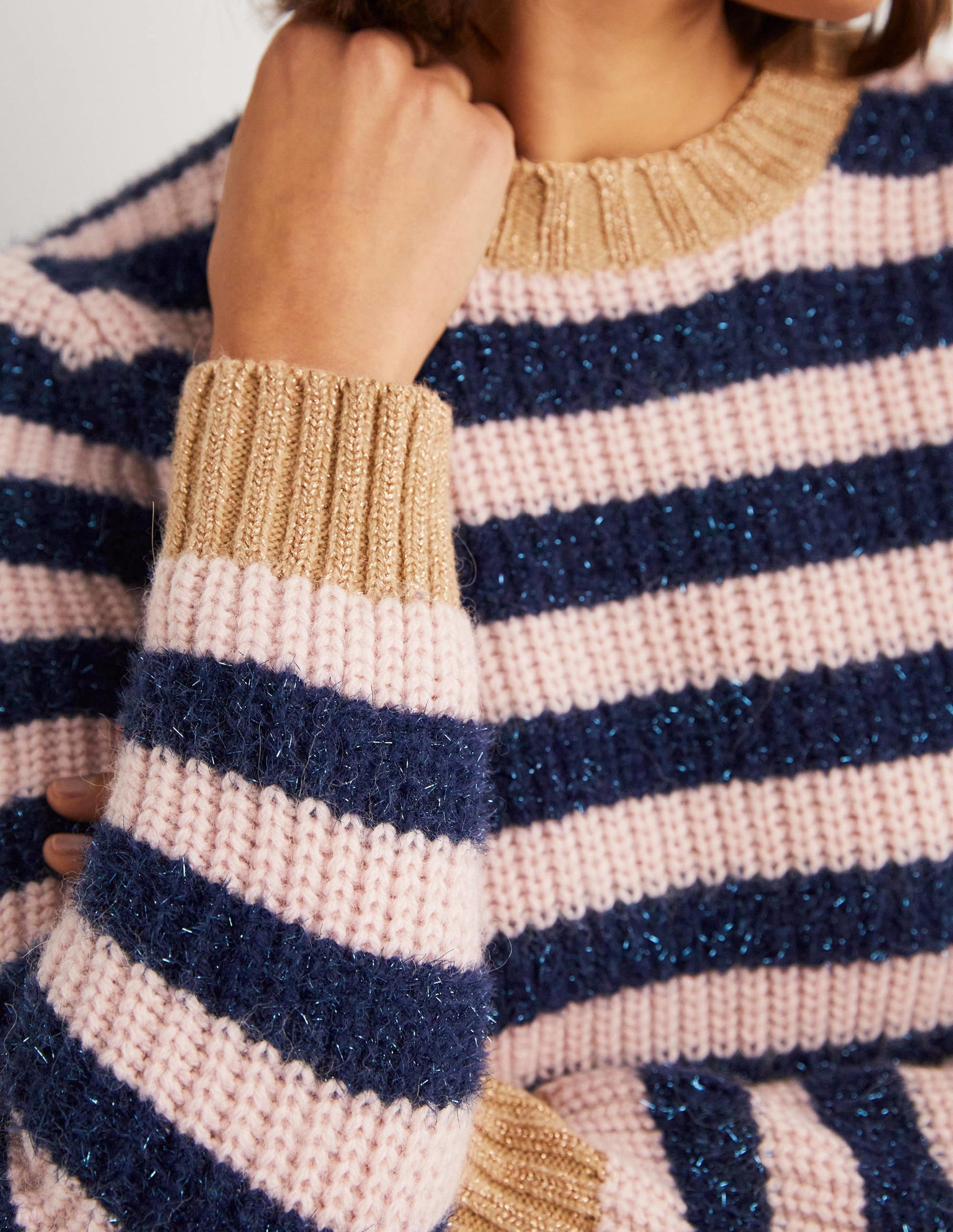Navy Sparkle Stripe Ribbed Jumper-Navy, Pink Tinsel Stripe-2